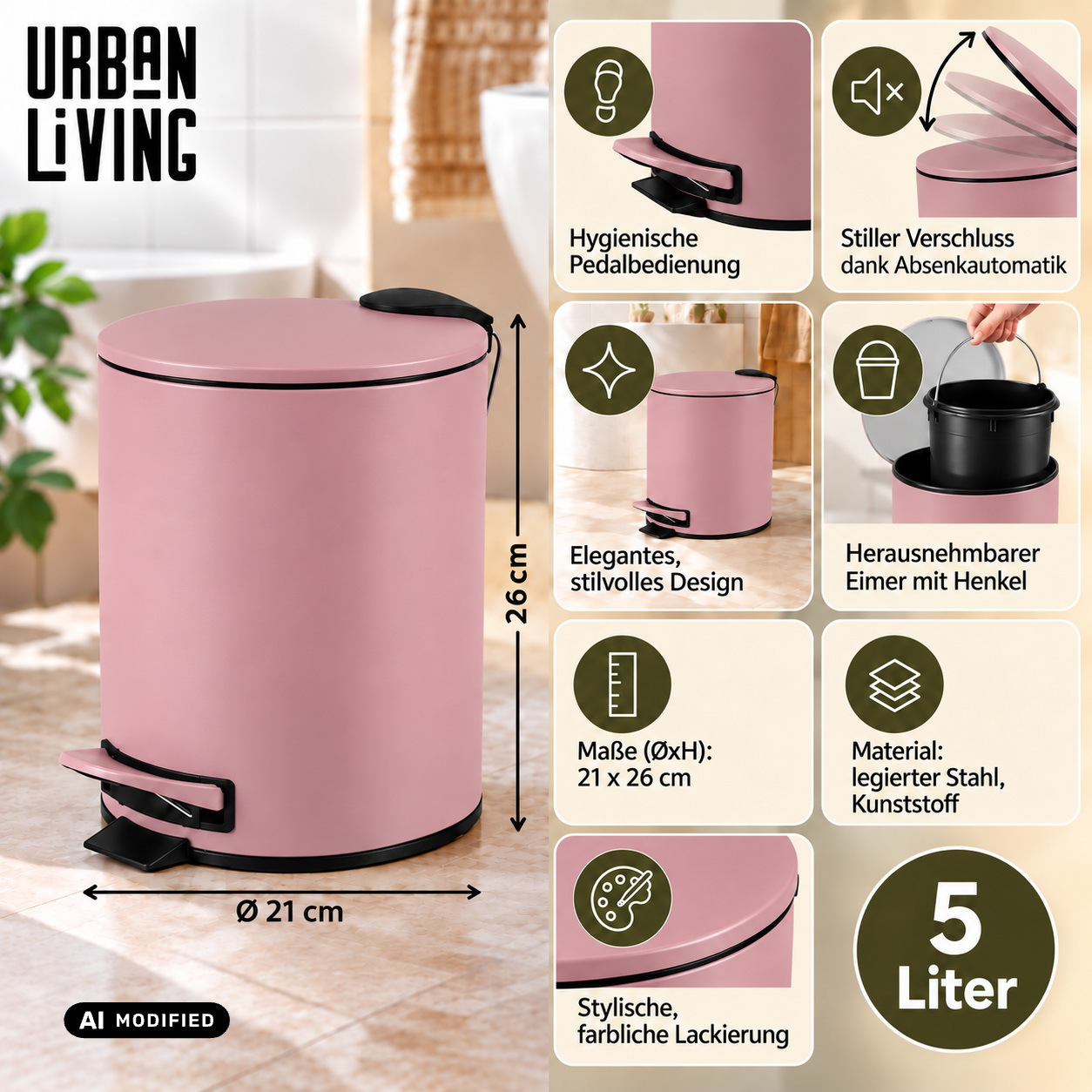 Image of 5-liter Step Trash Can With Pedal, Cosmetic Waste Bin, Bathroom Trash Can, Step Bin For Bathroom Waste, Cosmetic Waste, And Paper