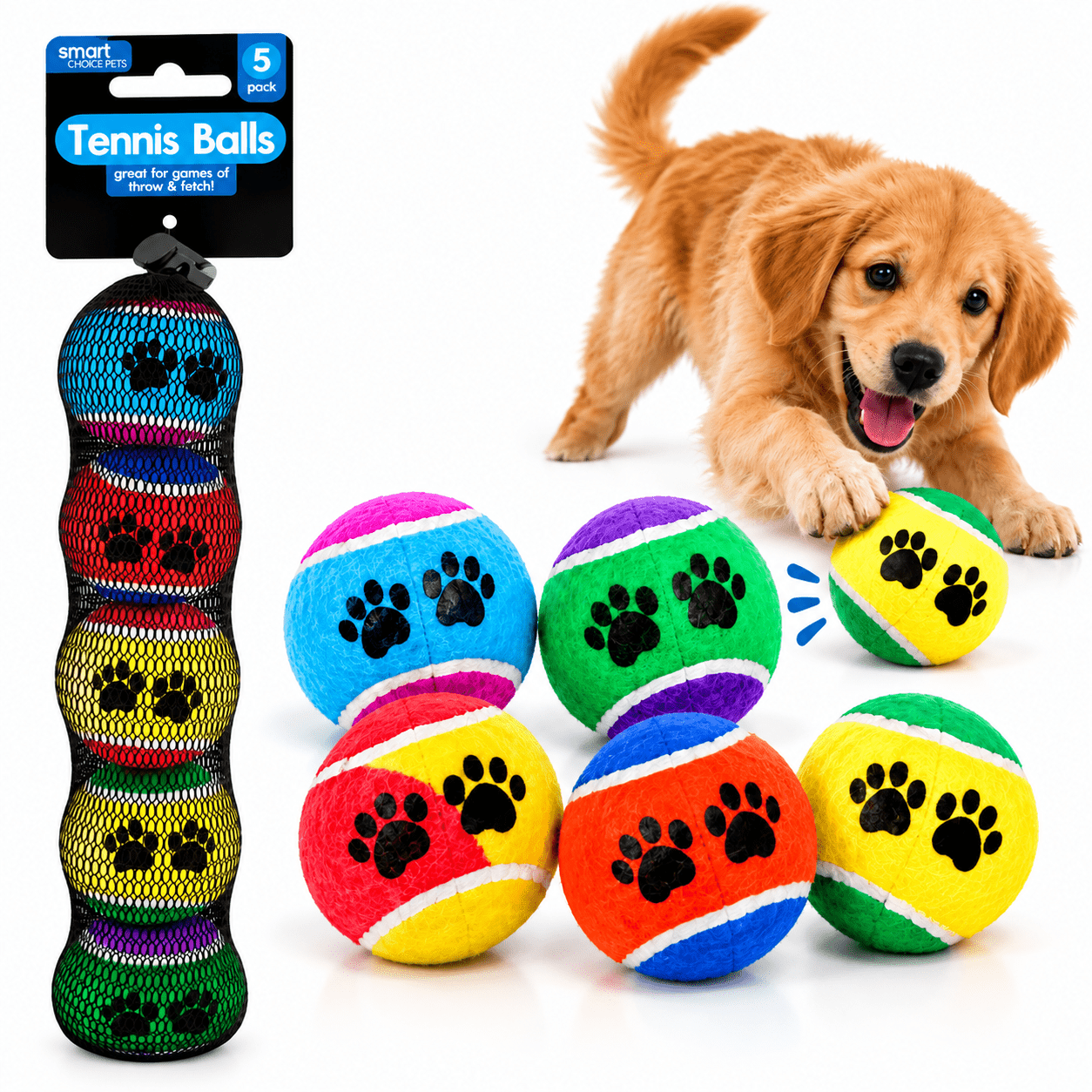 TEMU Pack Of 5 Dog Tennis Balls 5cm Durable Fetch Toy Set Assorted Colours Paw Print Interactive Chew Exercise Training Outdoor Play