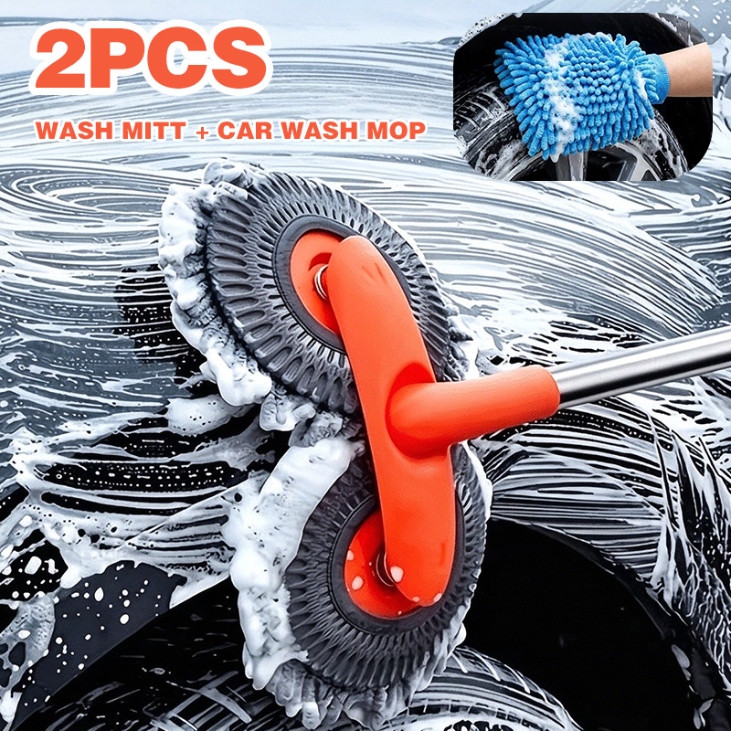 TEMU 2pcs Set (includes 1 Car Wash Mop + 1 Car Wash Mitt) – Car Wash Brush With Adjustable Handle & Microfiber Mitt, Telescopic Double-head 360°
