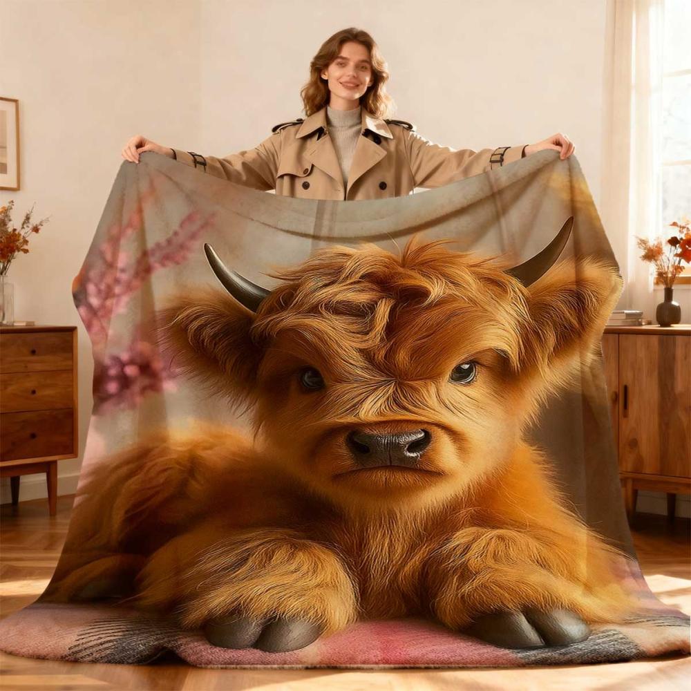 TEMU Super Soft Highland Cow Blanket / Comfortable And Warm, Long Plush Scottish Cow Print With Vivid Eyes, Multicolor Modern Bedding, Suitable For