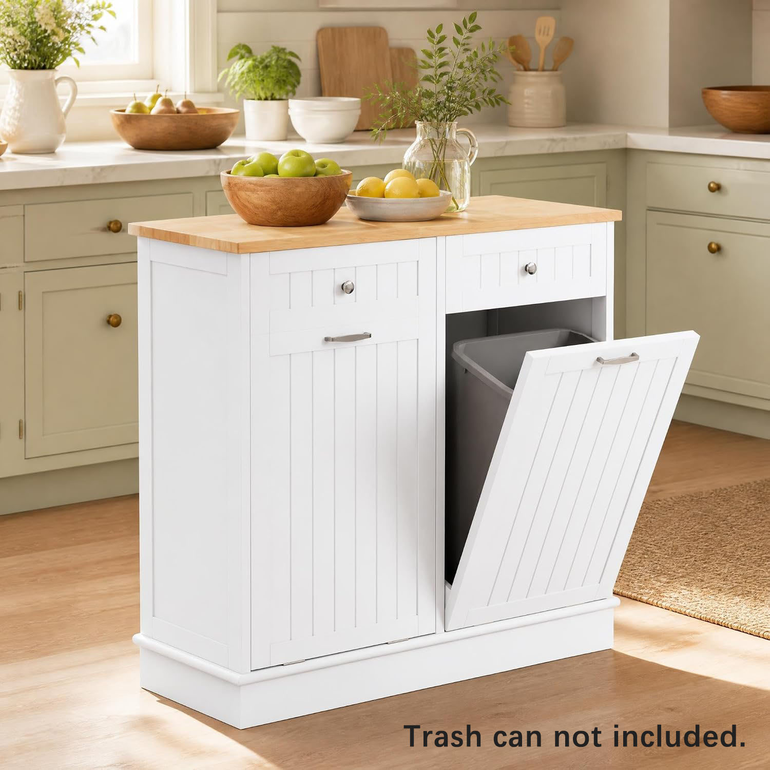 Image of Double Sliding Garbage Bin Furniture, With Rubber Wooden Tray, Cutting Board And 2 Storage Drawers, White (trash Can Not Included)
