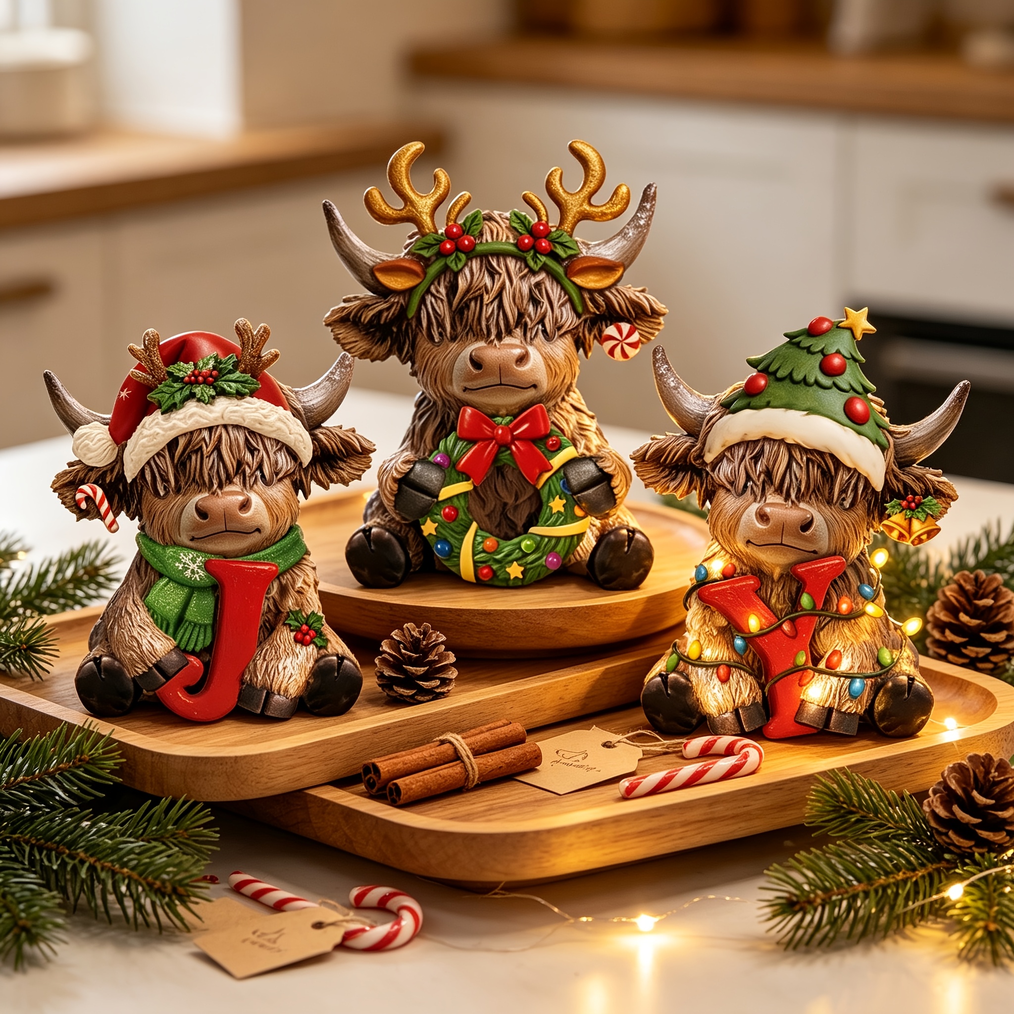 TEMU 3pcs Scottish Highland Ornaments Letters & Antlers - Wooden Calf Statues Suitable For Home, Table Centerpiece, Layered Tray Decor,