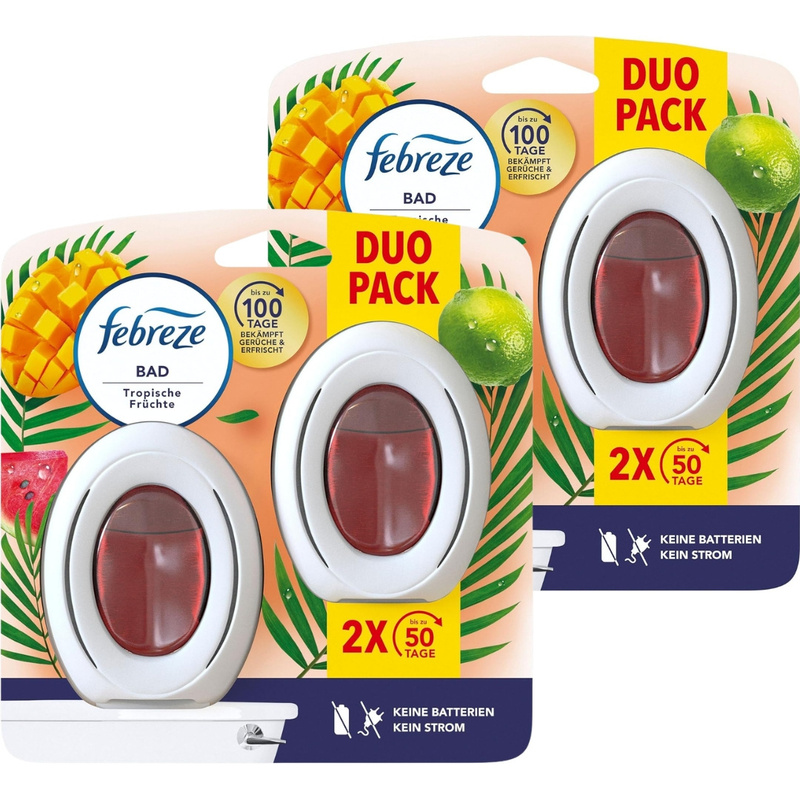 Image of Febreze Bad Air Freshener Tropical Fruits | 2x (4x 7.5ml) | Up To 50 Days Freshness | No Power & Batteries | Odor