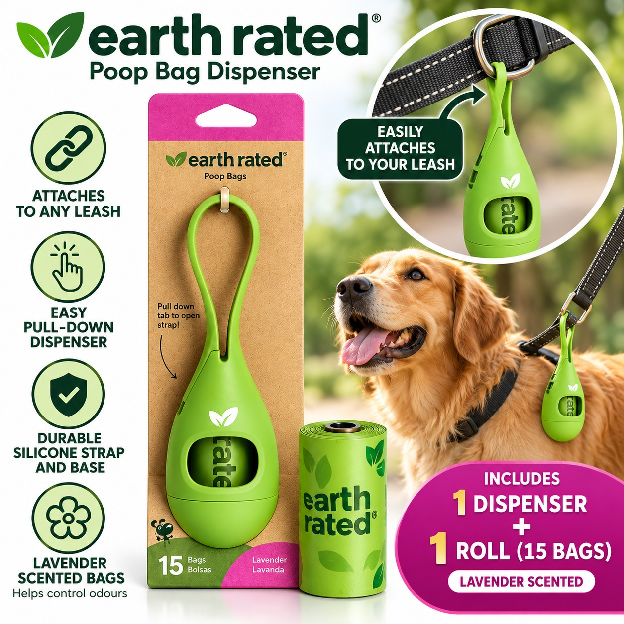 TEMU Poop Bags Dispenser With Silicone Strap And Base, Includes 1 Roll Of 15 Lavender-scented Poop Bags, Dog Poop Bag Holder For Leash