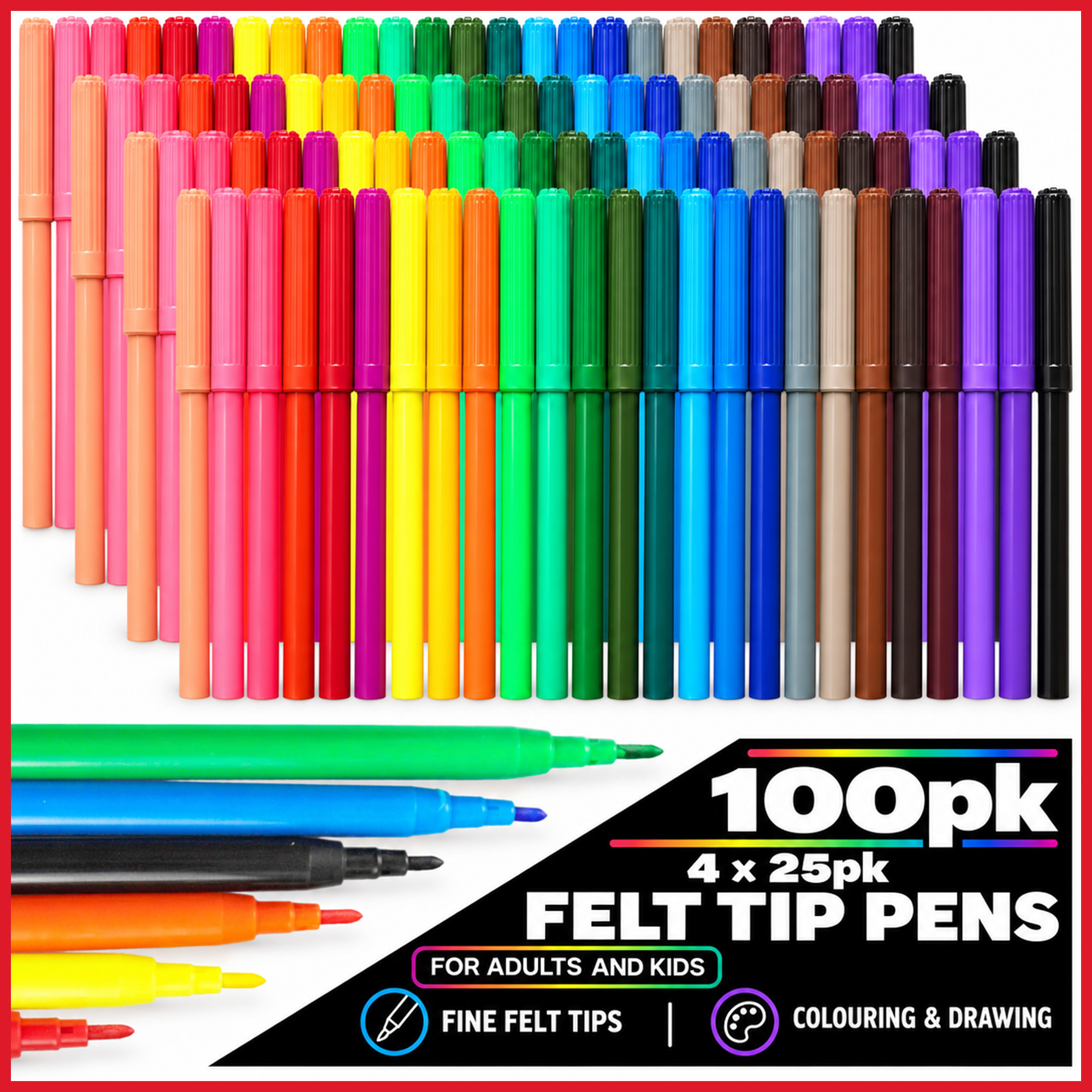 TEMU 100 Pack Felt Tip Pens, 4 X 25 Colour Sets | Colouring Pens For Adults | Fine Tip Drawing Pens & Art Markers For Colouring, Sketching, Writing,