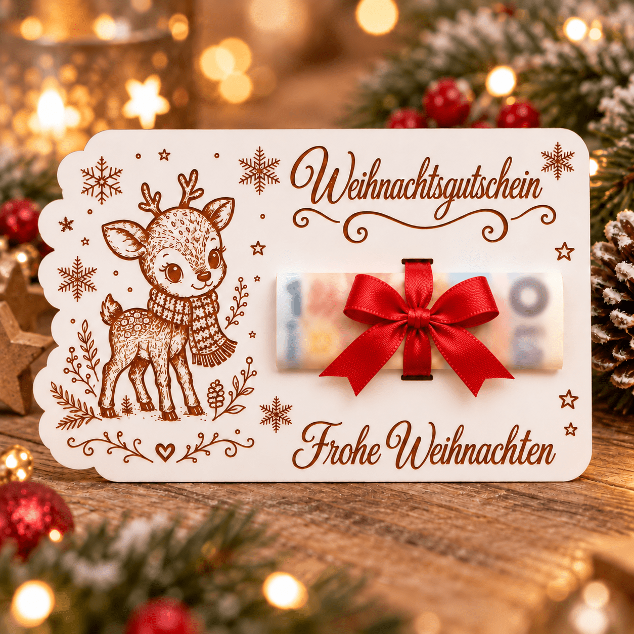 TEMU Weihnachtsgutschein aus Holz „Frohe Weihnachten“ – Geldgeschenk Karte, Geldscheinhalter in Weiß mit rotem Satinband, kreative Geschenkverpackung