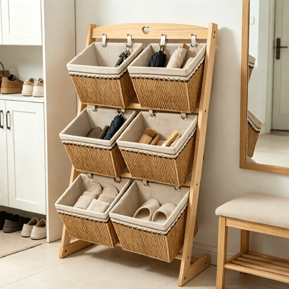 TEMU 3 Tier Wooden Floor Standing Display Rack Sturdy Fruit Vegetable Basket Organizer For Kitchen, Living Room Or Laundry Rustic Snack Storage Shelf