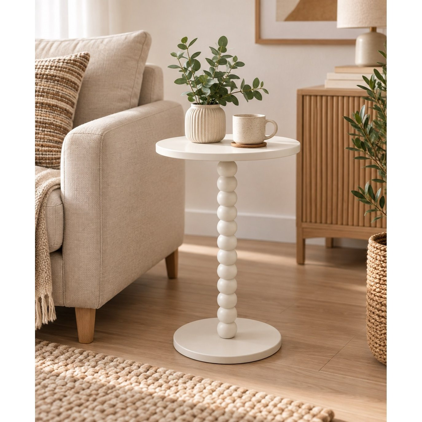 Image of White Round Side Table 35x35x50 Cm Mdf Decorative Table For Living Room And Bedroom