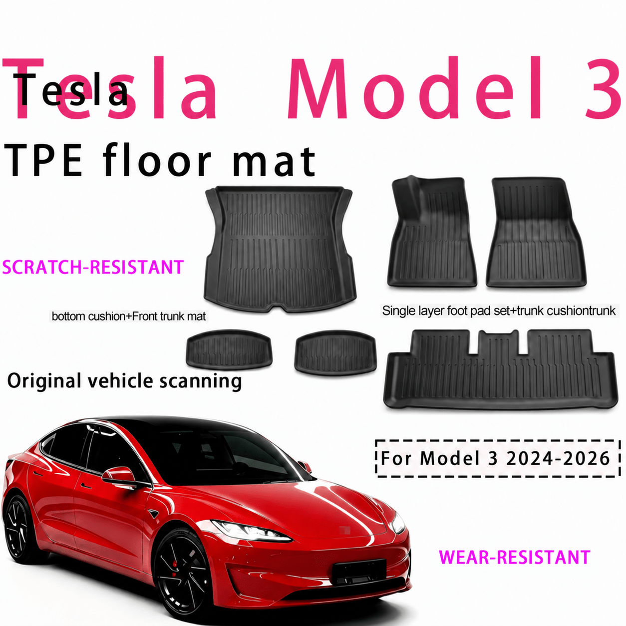 TEMU Juego de 6 tapetes de una sola capa de material TPE, para Tesla Model 3 2024-2026 con volante a la izquierda, antideslizantes, resistentes al ,