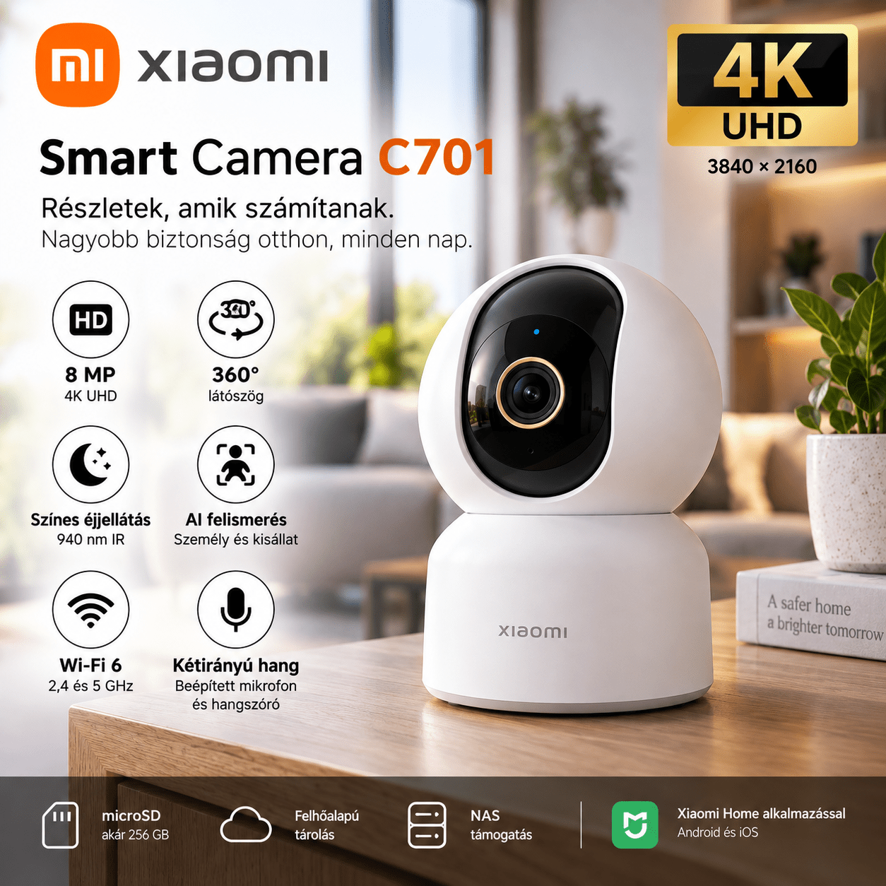 TEMU Xiaomi Smart Camera C701 Cámara IP para interiores EU, Resolución 3840 × 2160 (), Rotación de , Wi-Fi, Bluetooth, Ranura Microsd (8-256 GB),