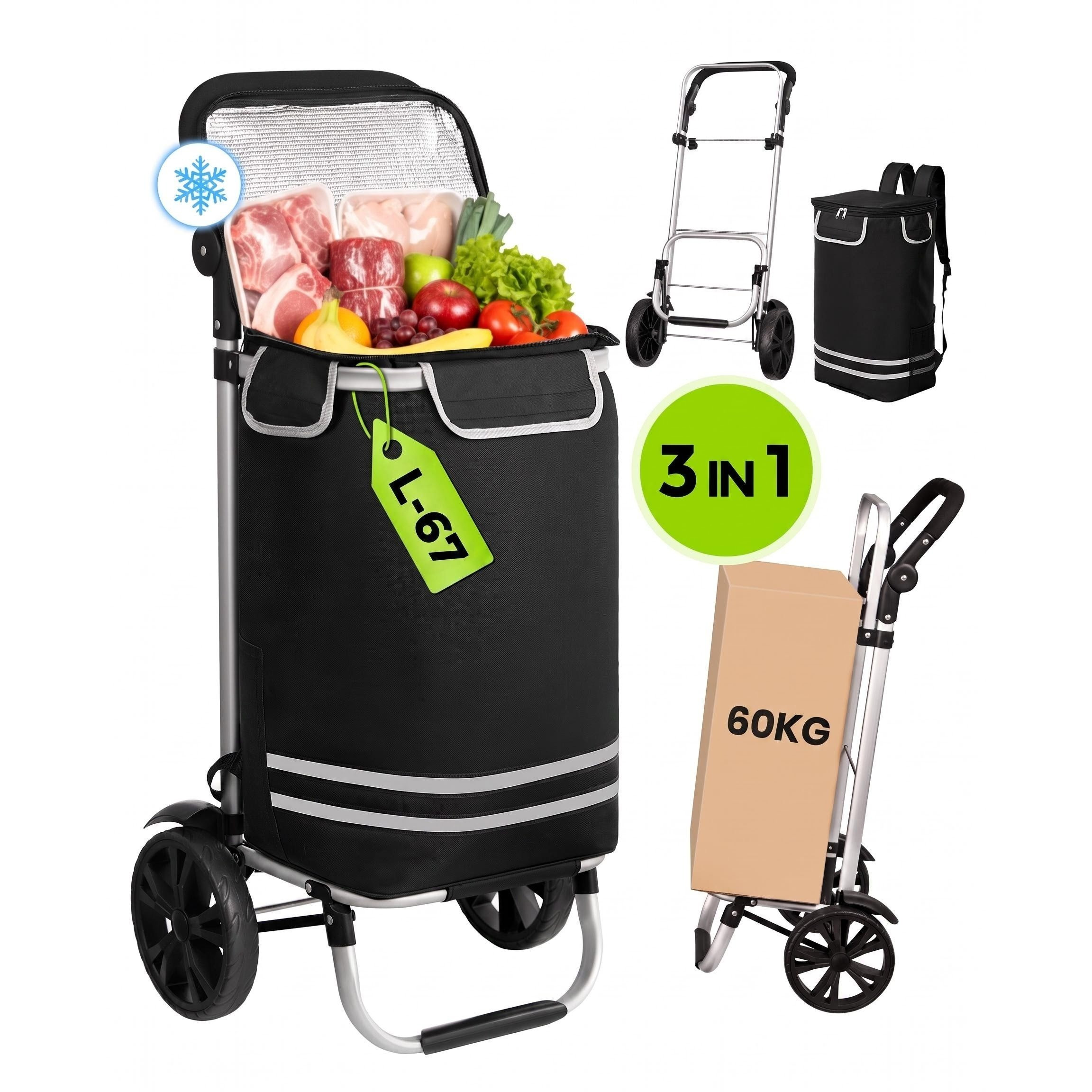 TEMU Einkaufswagen Oak & Tea 3-in-1, faltbar, leicht & (60 kg Tragkraft, 67 l) mit 2 Rädern & verstellbarem Griff – aus Oxford-Gewebe mit