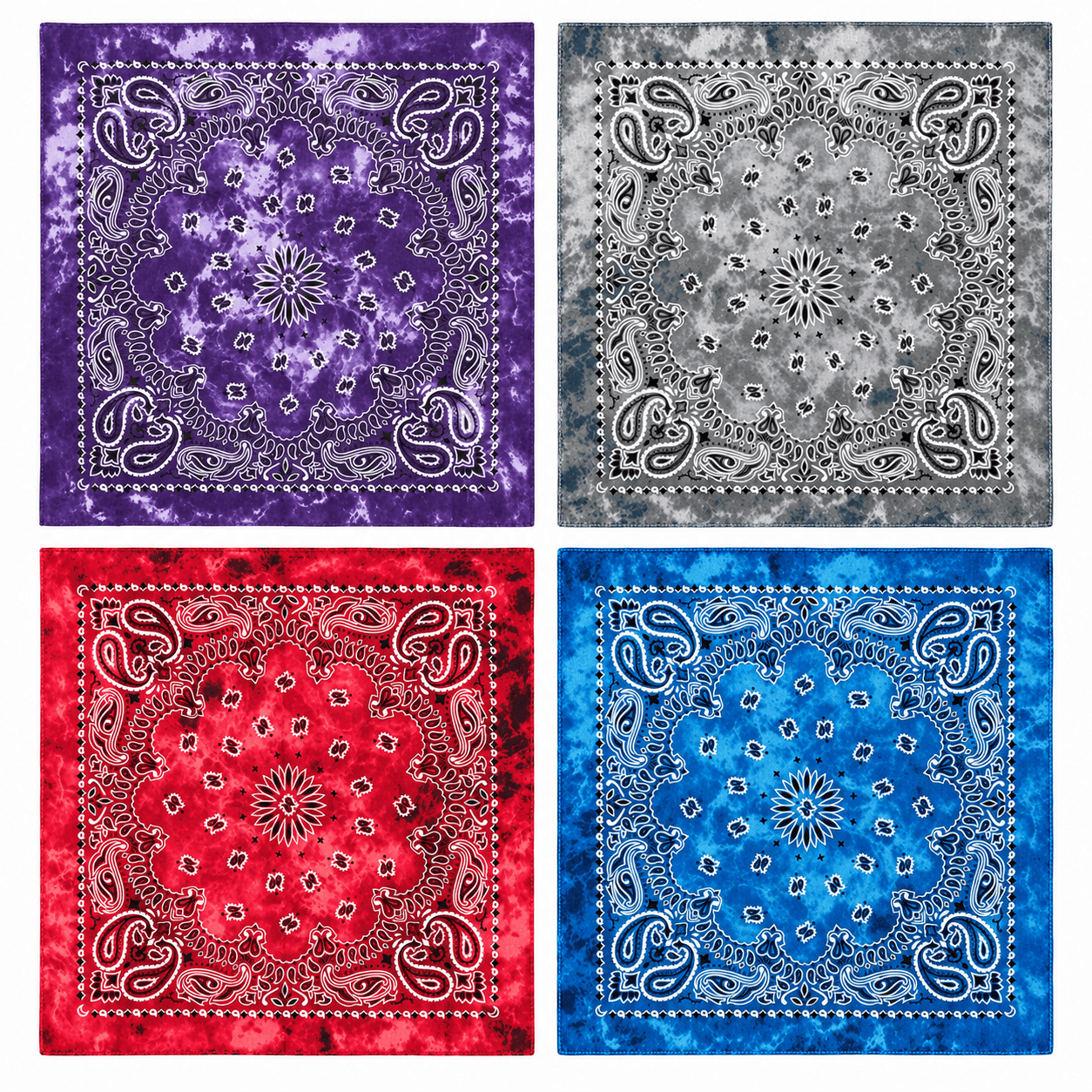 Image of 4-piece Set Paisley Bandanas Made Of 100% Cotton – Purple, Gray, Red, And Dark Blue – Unisex Headscarves And For Western, Biker, Festival, And Streetwear Looks