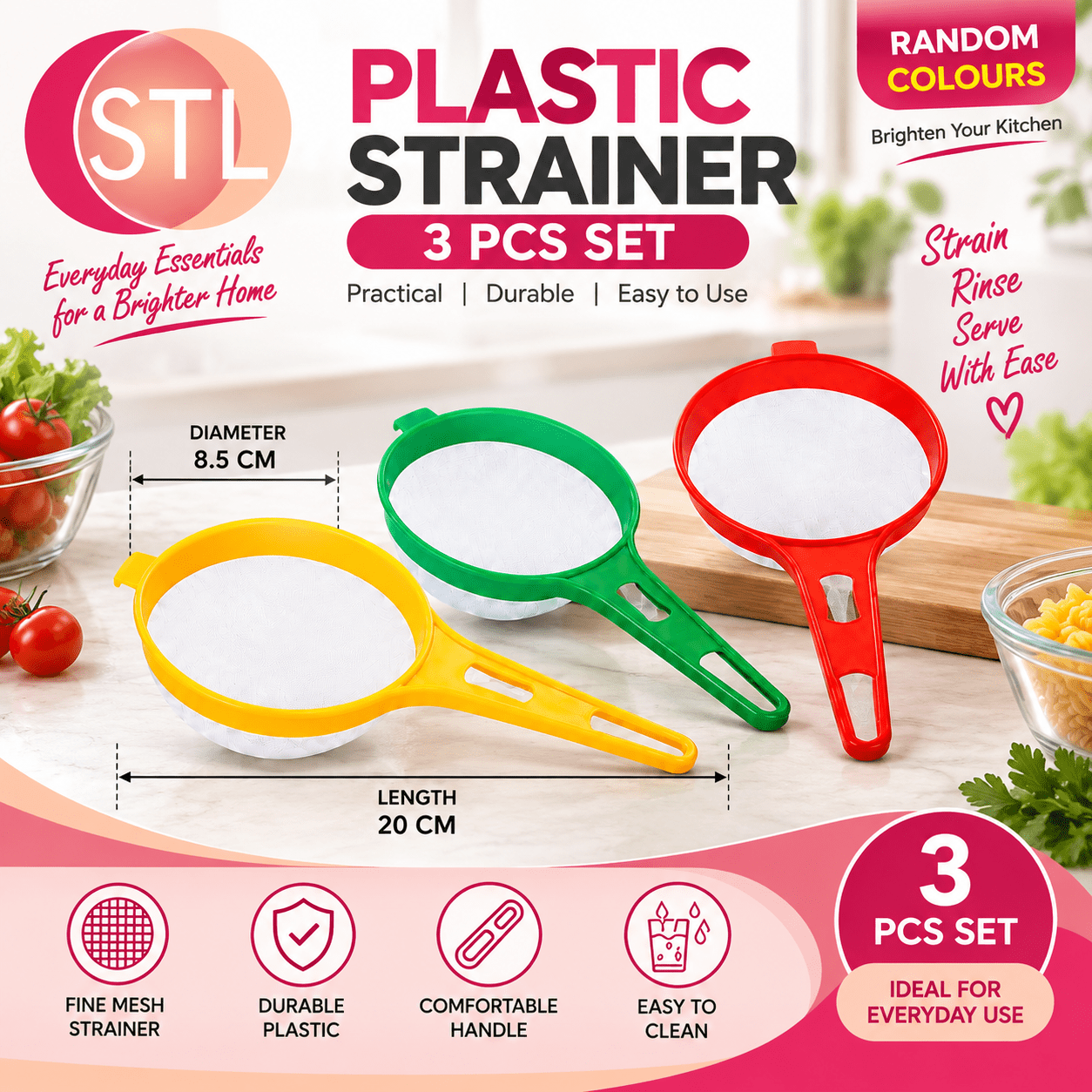 TEMU Stl Plastic Strainer Set – Pack Of 3 | 8.5cm Kitchen Sieves With Handle | Food Strainer For Pasta, Rice, Tea, Flour, Fruit & Vegetables | Random