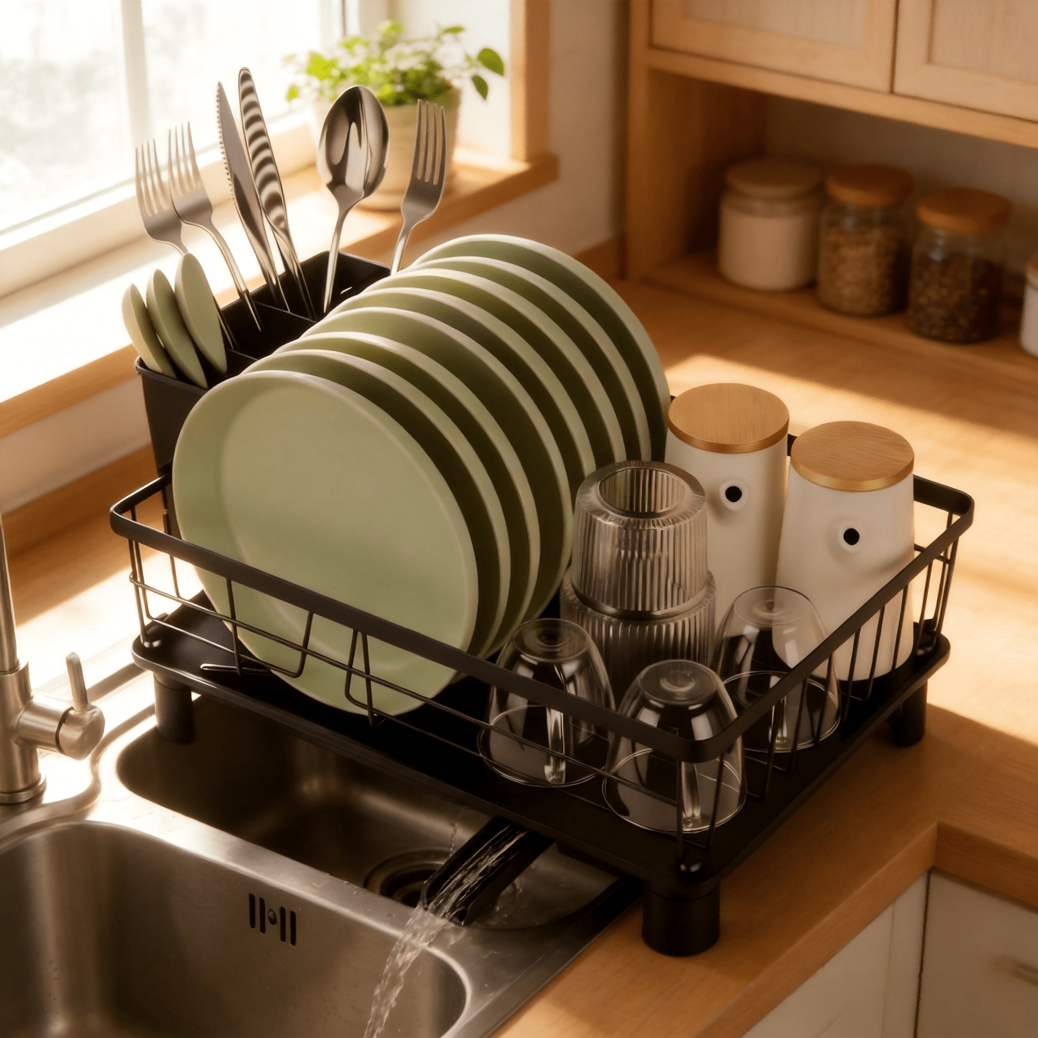 Image of Drainer With Drip Tray, Kitchen Countertop Dish Sink Organizer, Kitchen Utensil Storage Rack For Counter