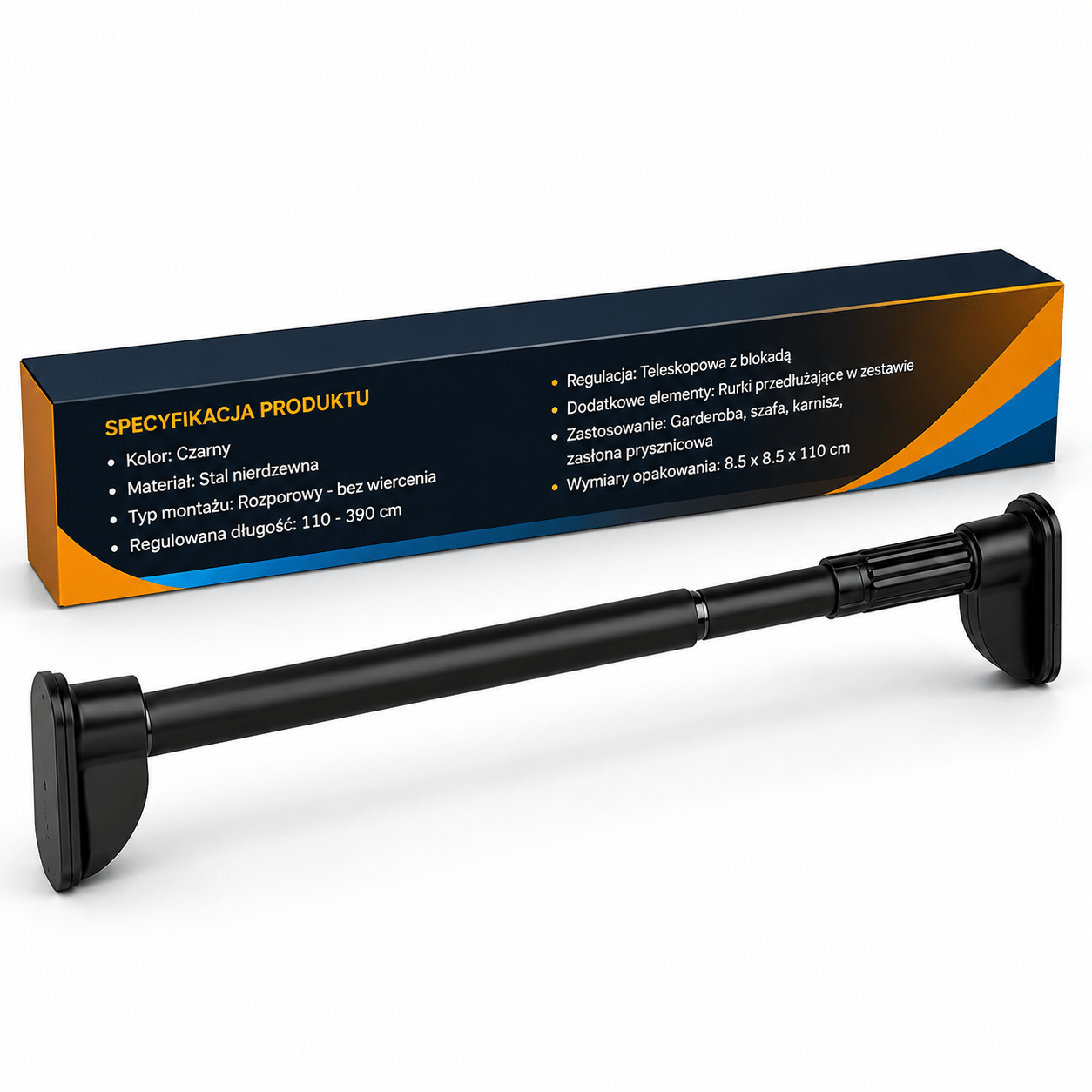 Image of Telescopic Rod 110-390 Without Drilling For Bathroom, Wardrobe, Cabinet, Recessed For Shower Curtain, Light Curtains, Stainless Steel With Rubber Ends.