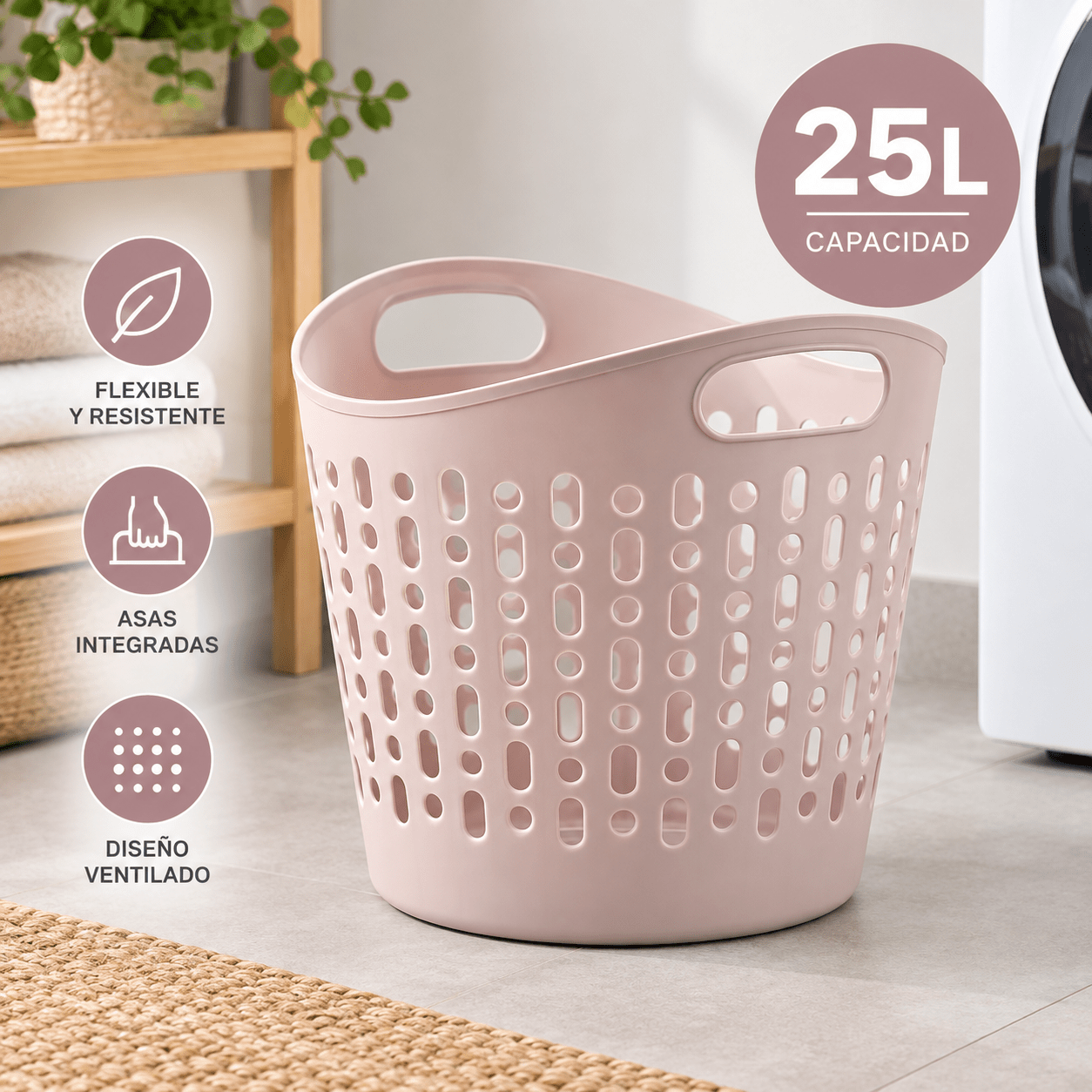 TEMU Cesto Flexible Multiusos 25L con | Cesta de Almacenaje Ventilada para Ropa, Lavandería, Baño y Hogar | Resistente y Ligera