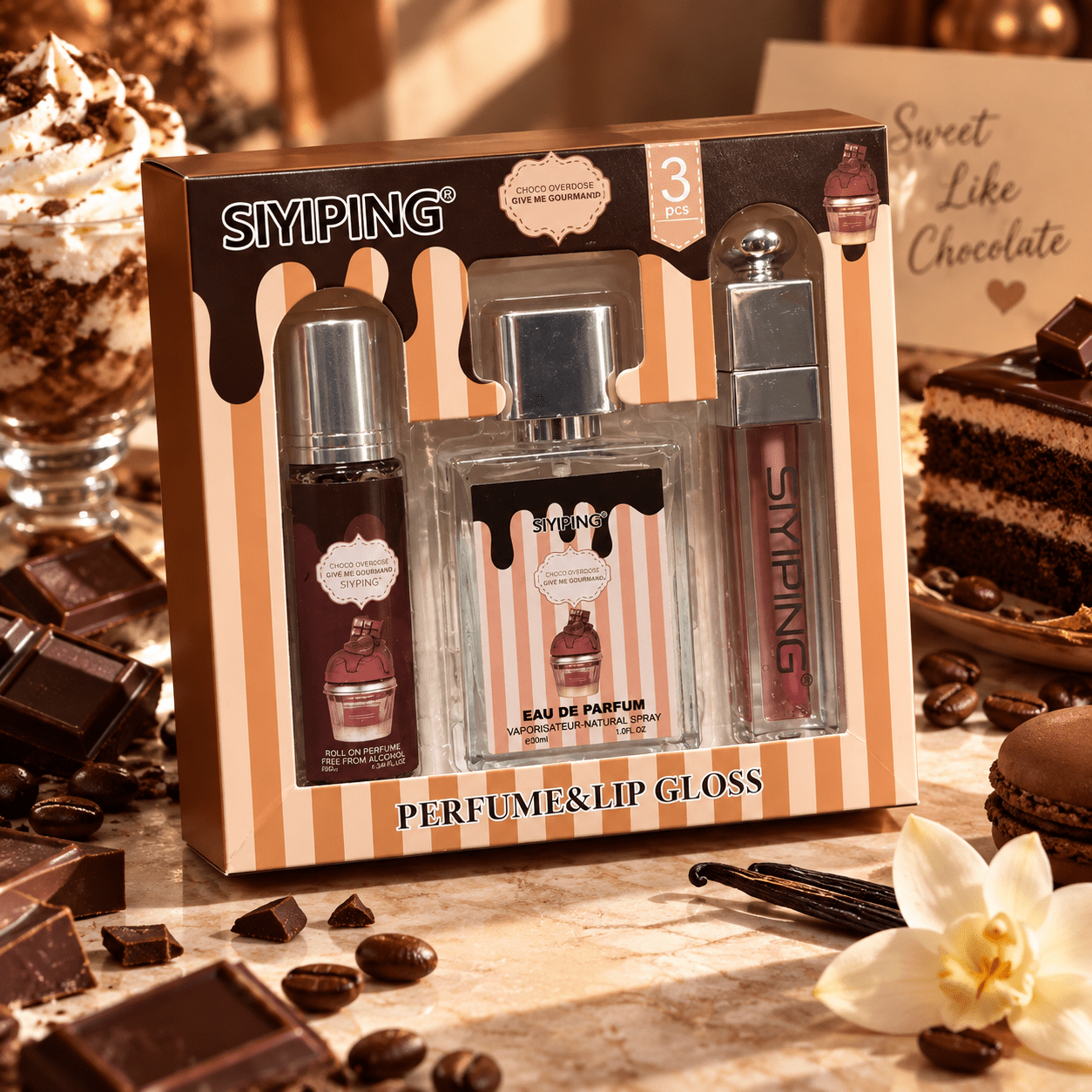 TEMU Parfumdoos voor Vrouwen Gourmand Chocolade - Eau De Parfum 30 ml + Parfum 10 ml + Lipgloss - 3-delige Set