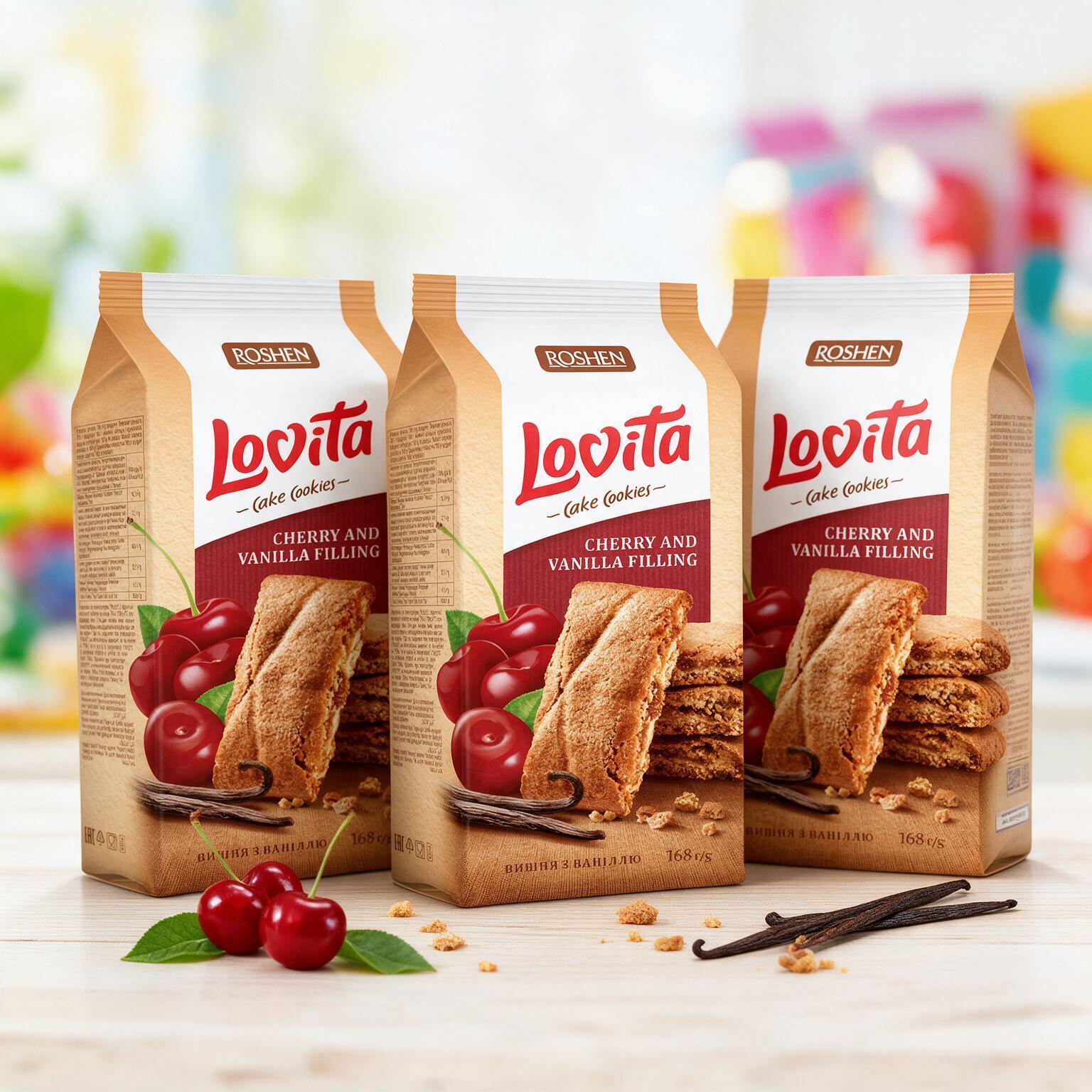 Image of 3-pack Roshen Lovita Cake - Cherry And Vanilla - With Cherry-vanilla Filling 3x168g - Christmas Sweets - Christmas Chocolate - Christmas Gifts - Christmas Snacks
