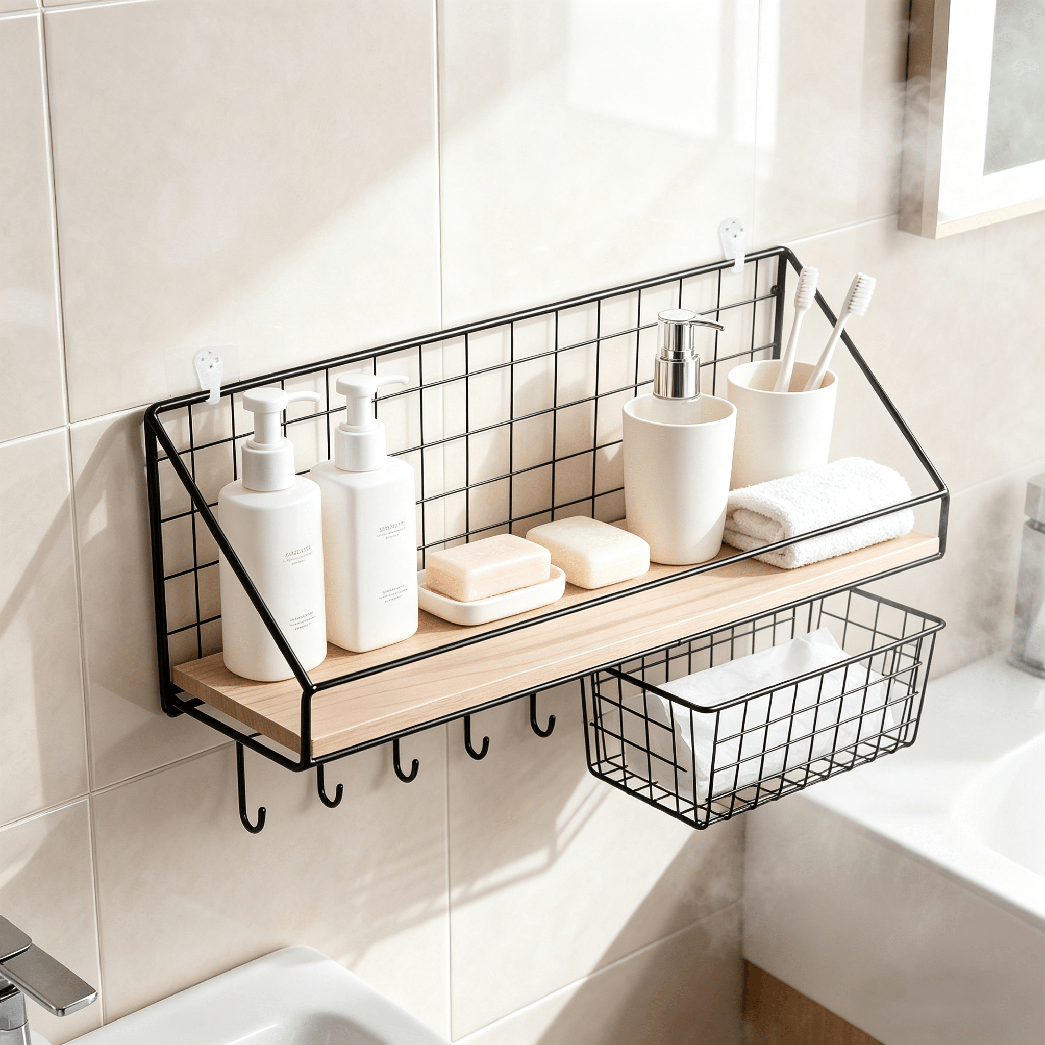 TEMU Wall-mounted Storage Rack No-drill– Large Capacity Organizer With Metal Frame & Wood Shelf, For Dorm Rooms, College Students, Bathroom, Kitchen,