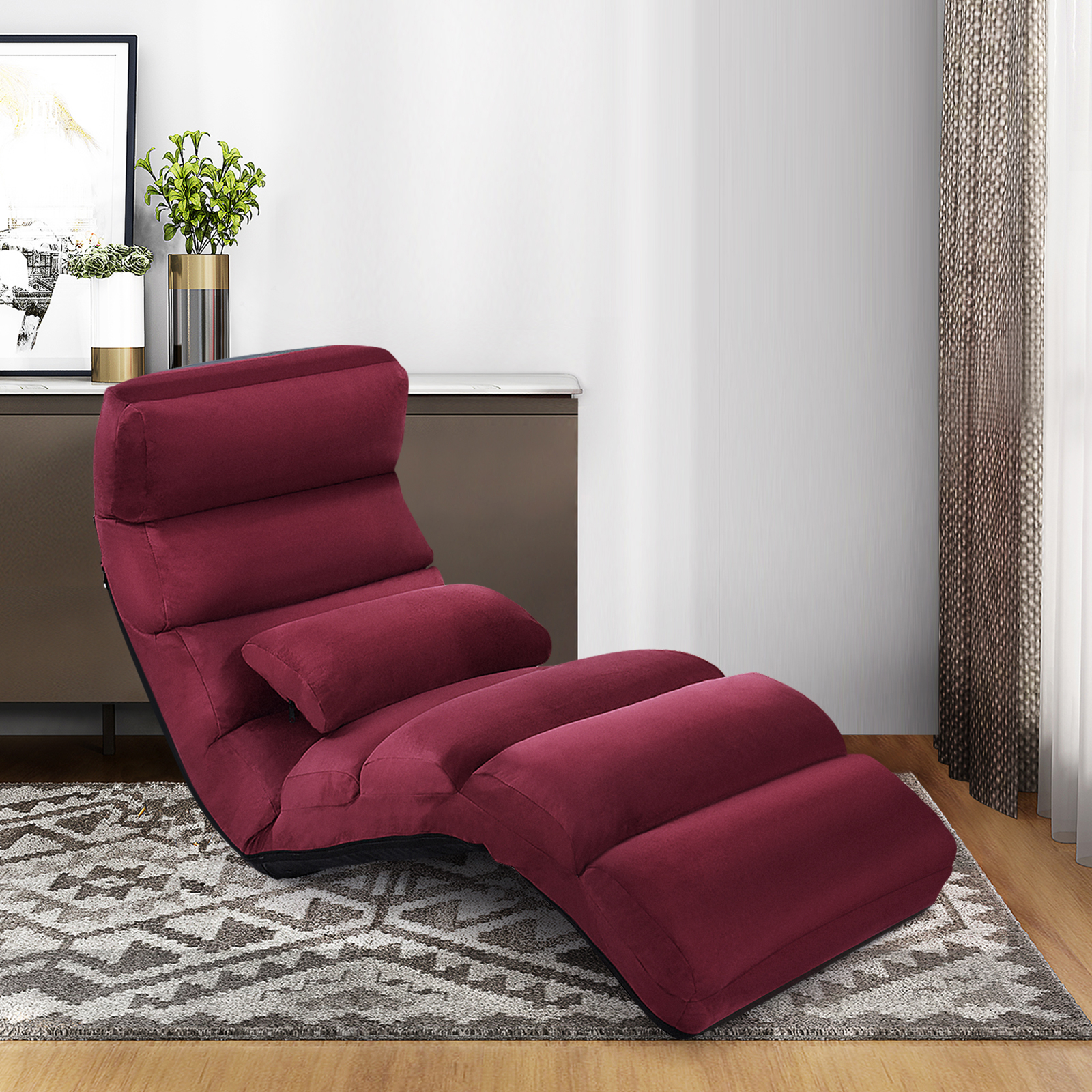 Image of Folding Lazy Sofa Bed, Upholstered 5-position Adjustable Chaise Lounge W/ Back Support, Foldable Floor Sofa Chair W/ Pillow, Video Gaming Chair For Home, Office, Reading, Watching, Burgundy