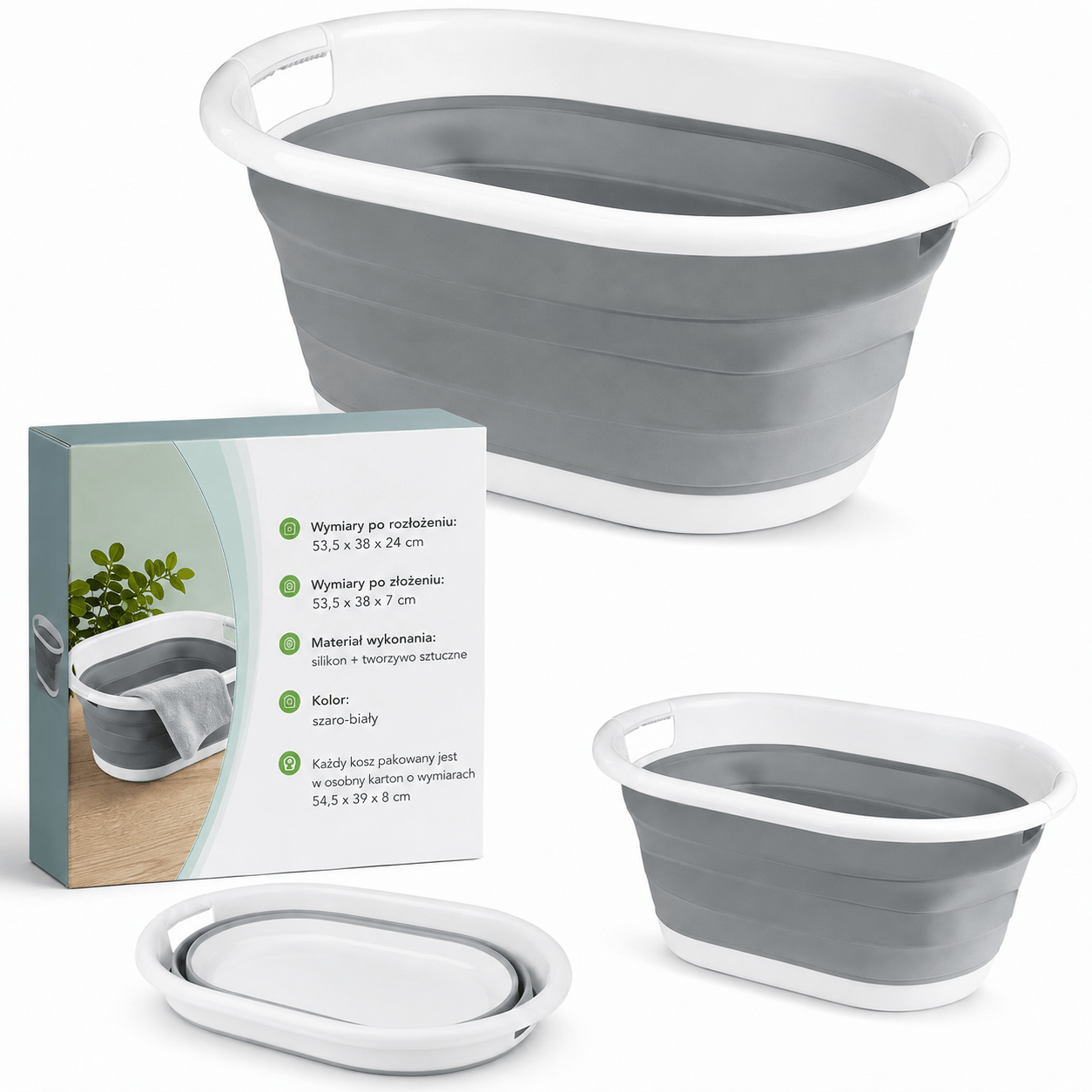 Image of Foldable 25l Silicone Freestanding Laundry Basket, Universal Basin 53.5 X 38 X 24 Cm For Bathroom, Home, Camping, Camper, For Laundry, Towels, Toys, Gray-white, Practical