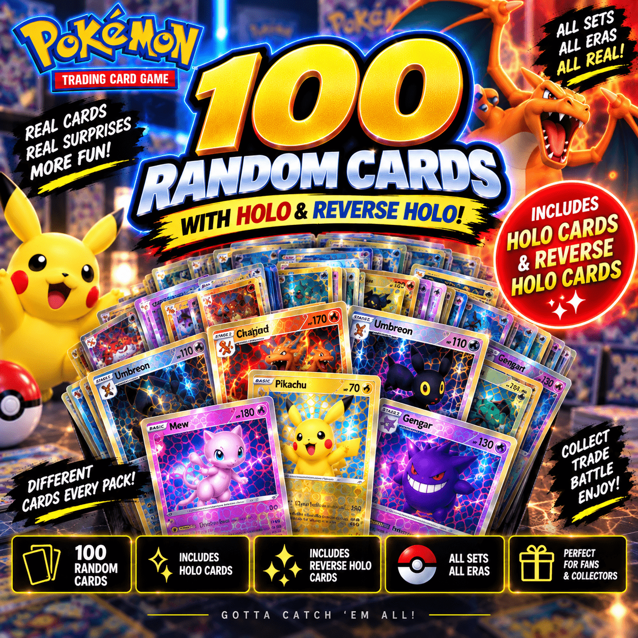 TEMU Set van 100 Pokemon Kaarten - Willekeurige - Zeldzame kaarten - Glimmende Kaarten - Perfecte Set - Perfect Cadeau