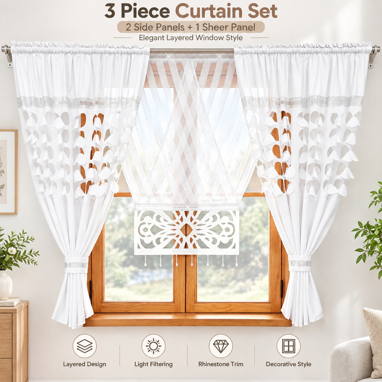 TEMU 3pcs Living Room Decorative Curtain Set, Dual-rod Hanging For 200–250 Cm Window Width, 1 Center Curtain With Hollow Decorative Panel + 2 Side