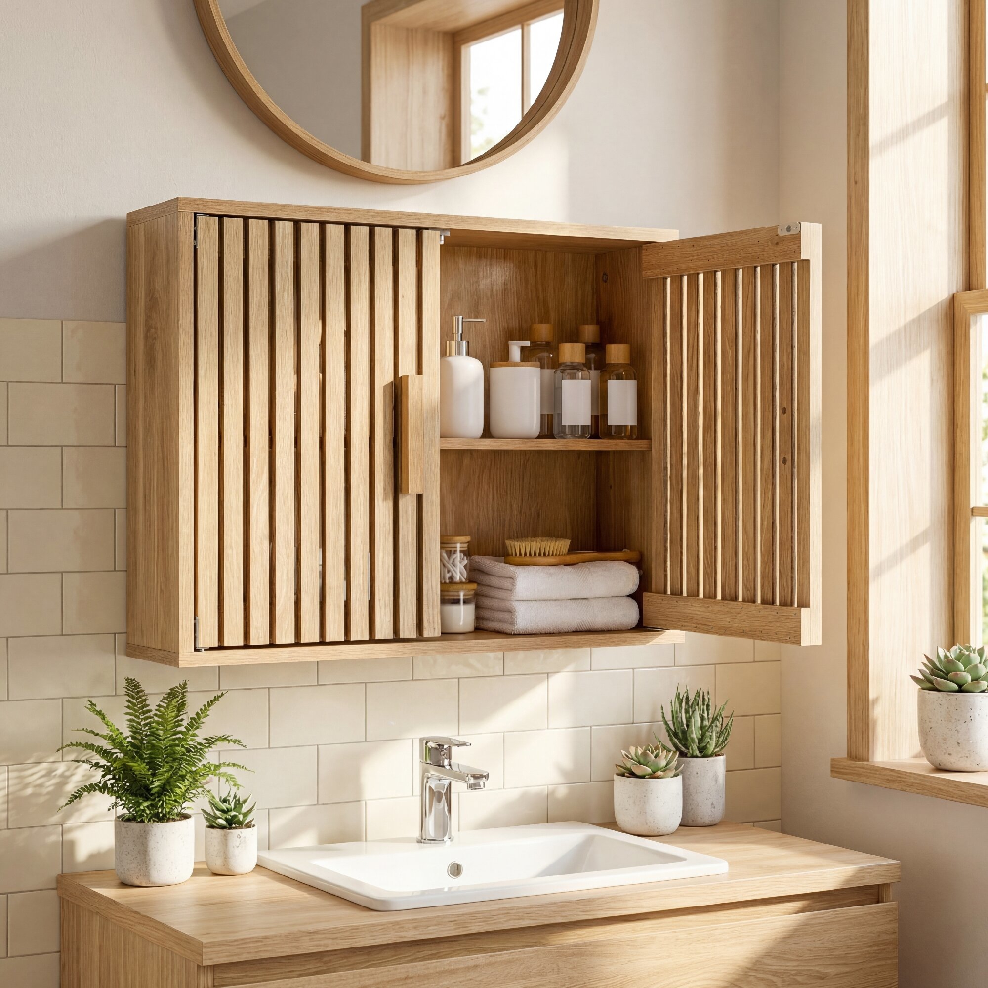 Image of Bathroom Wall Cabinet, Wall Mounted Wooden Medicine Cabinet With 2 Slatted Doors, 3-level Adjustable Shelves, Over The Toilet Storage For Bathroom, Kitchen, Laundry Room, Natural