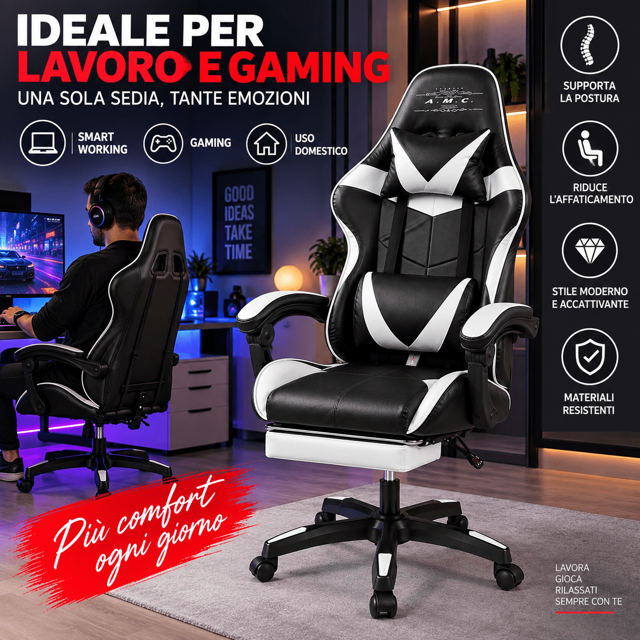 Sedia gaming vista frontale laterale e posteriore
