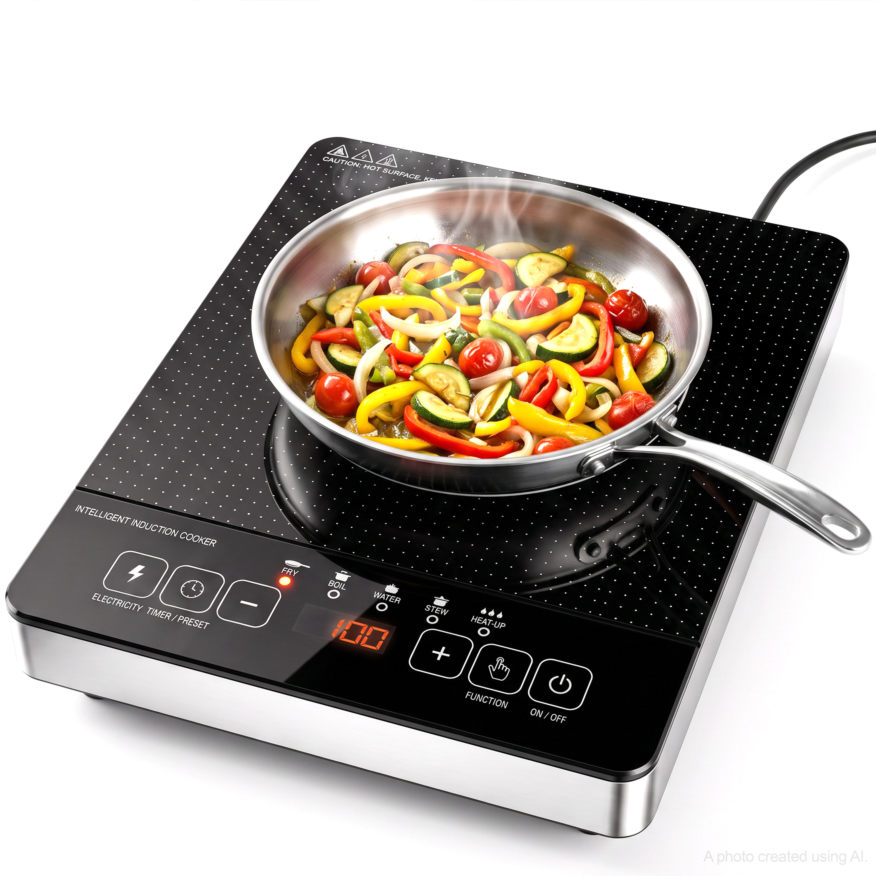 TEMU PIASTRA A INDUZIONE PORTATILE A 1 ZONA DI COTTURA 2000 W, ALIMENTAZIONE 230 V 50 HZ, 5 FUNZIONI DI COTTURA, PANNELLO TOUCH CON DISPLAY LED,