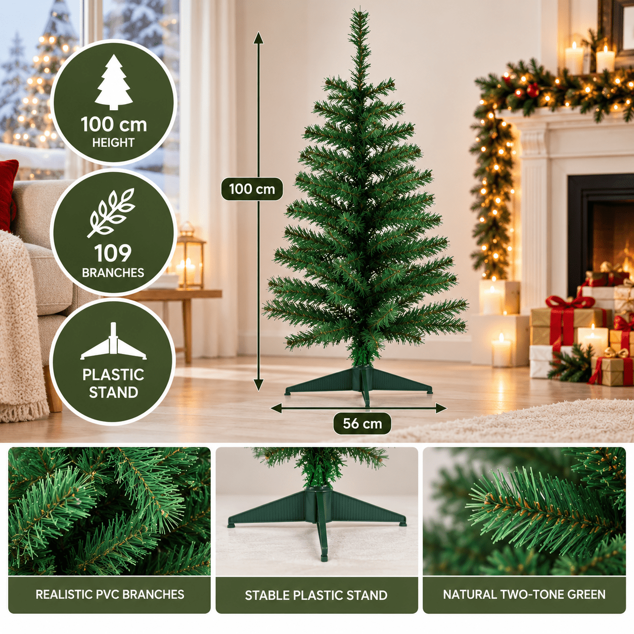 Image of Artificial Christmas Tree 100 Cm, 2-tone With 109 Branches And , 56 Cm Wide, Reusable, Indoor Christmas Decoration
