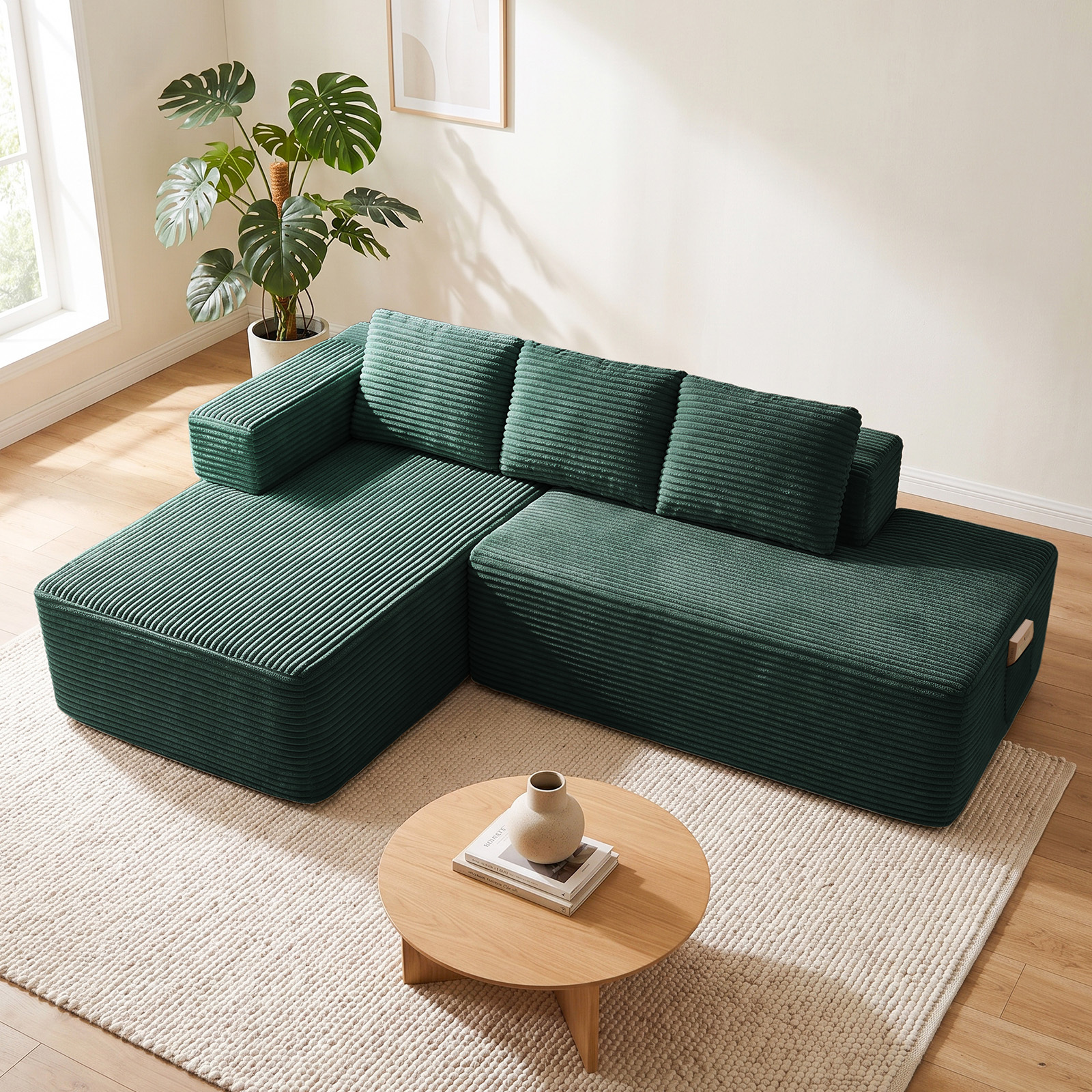Image of Luckracer Corner Sofa With Sleeping Function, Corduroy Modular Boneless Couch With Chaise Longue & Metal Backrest, L-shaped Sofa Bed With , Pillows & Side Pockets, For Living Room