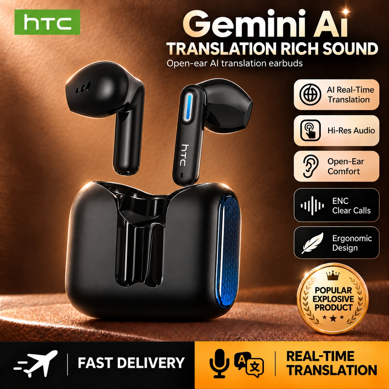 Image of Htc Ne49 Tws Wireless Translation Headphones With Multilingual Recognition, High-definition , Noise Cancellation, Built-in Microphone, Suitable For Business Calls, Fitness, And Multilingual Speakers
