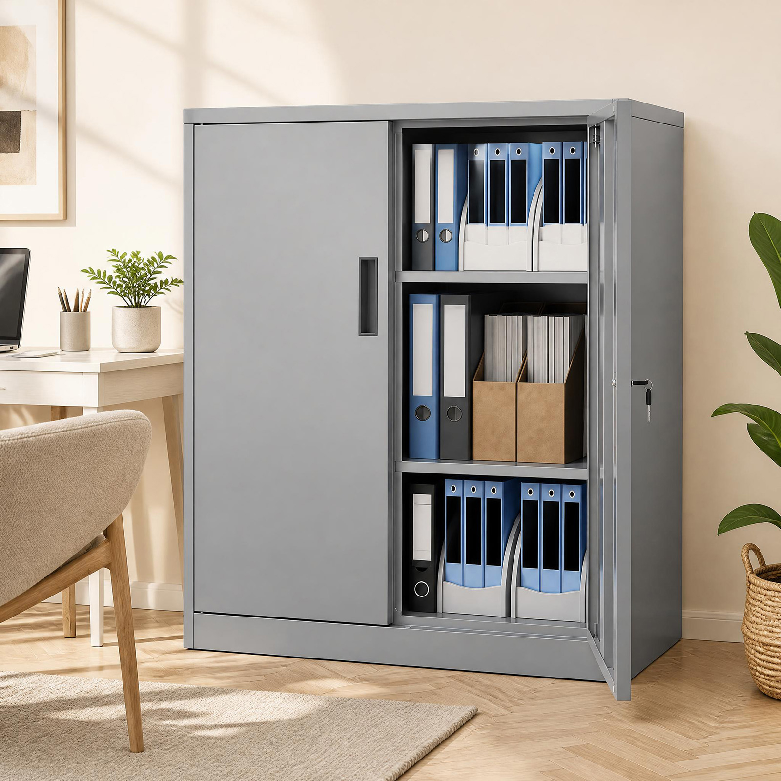 Image of Metal Storage Cabinet With 2 Lockable Doors, Garage Tool Cabinet With 2 Adjustable Shelves, File Pantry Cabinet Steel Storage Organizer For Office, Living Room, Kitchen And School, Gray