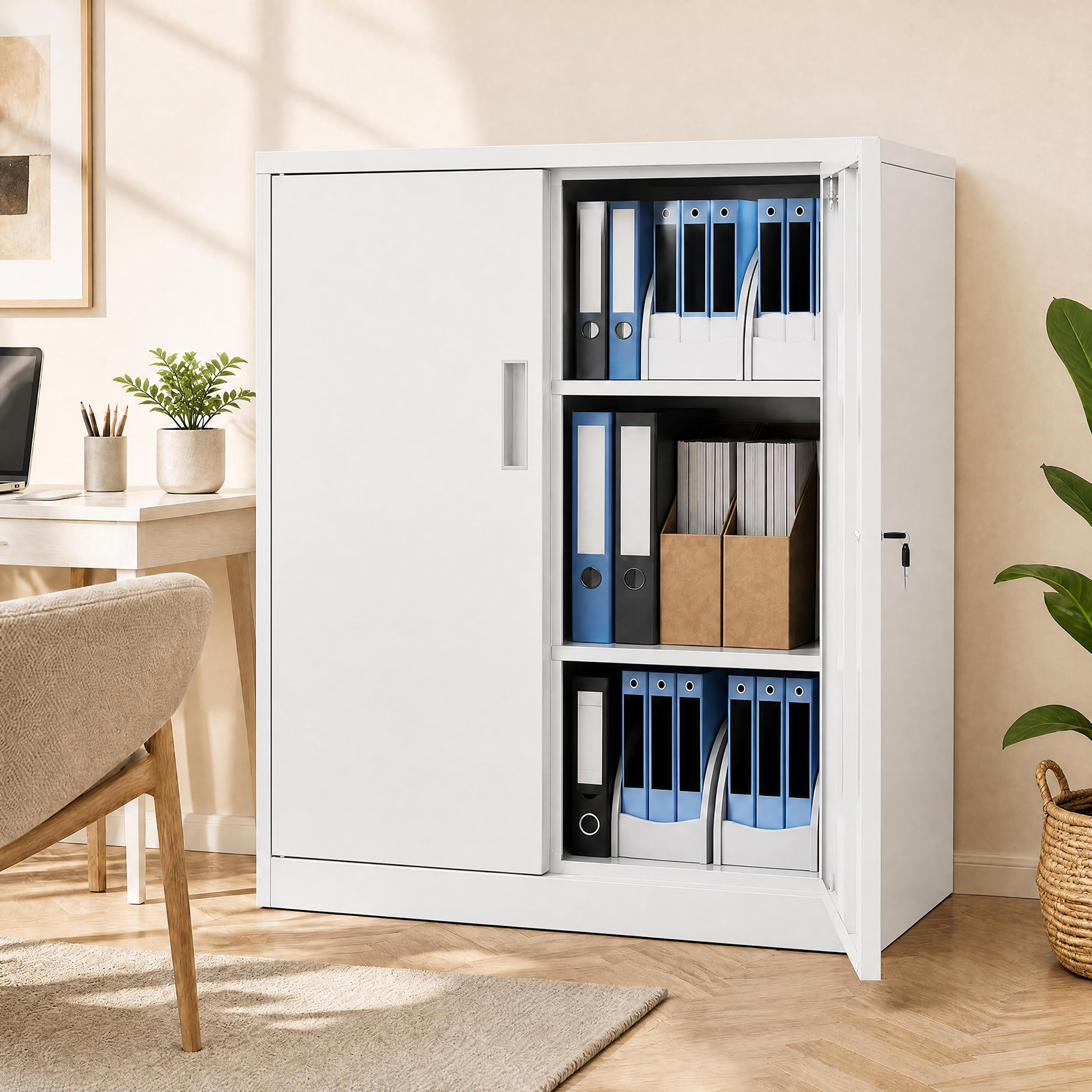 Image of Metal Storage Cabinet With 2 Lockable Doors, Garage Tool Cabinet With 2 Adjustable Shelves, File Pantry Cabinet Steel Storage Organizer For Office, Living Room, Kitchen And School, White