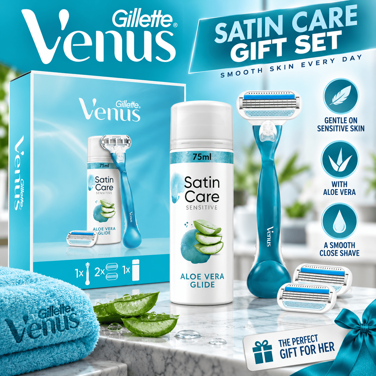 TEMU Gillette Venus Satin Care Women's Gift Set – Razor, 2 Blade Cartridges & 75ml Shave Gel
