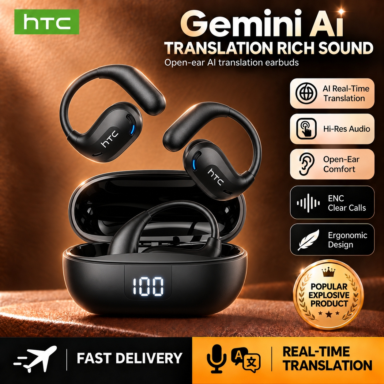 Image of Htc Ne47 Ai Translation Headphones Real-time Translation Headphones Ows Open-ear Wireless Headphones, Latest Bt V6.0, Noise Reduction Clear Call, 6.5 Hours Long , Large Speaker Large Volume