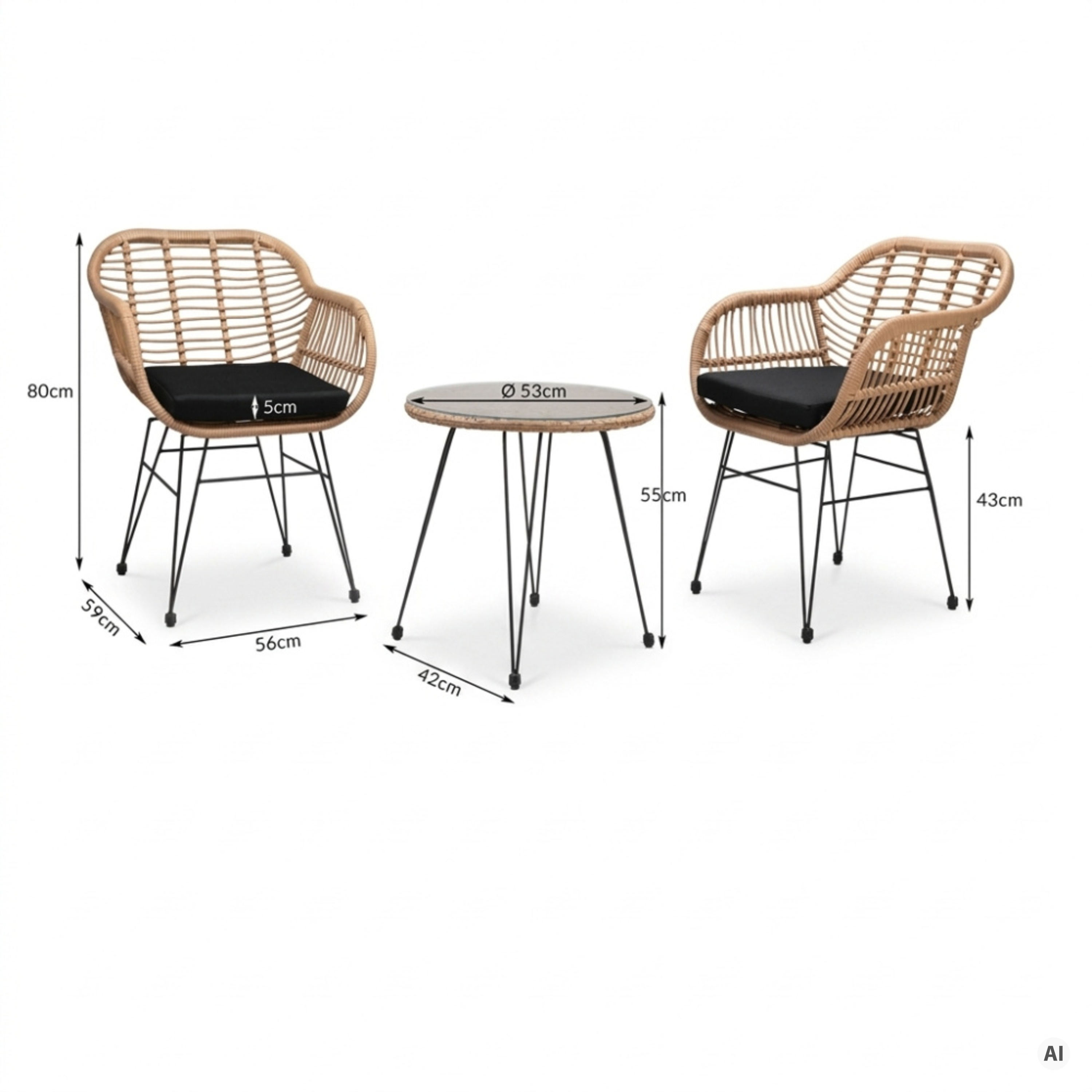 Image of 3pcs Balcony Set 5cm Padding Weather-resistant 5mm Safety Glass Plate Height-adjustable Rattan Look Outdoor Terrace Balcony Garden Furniture Basket Chair