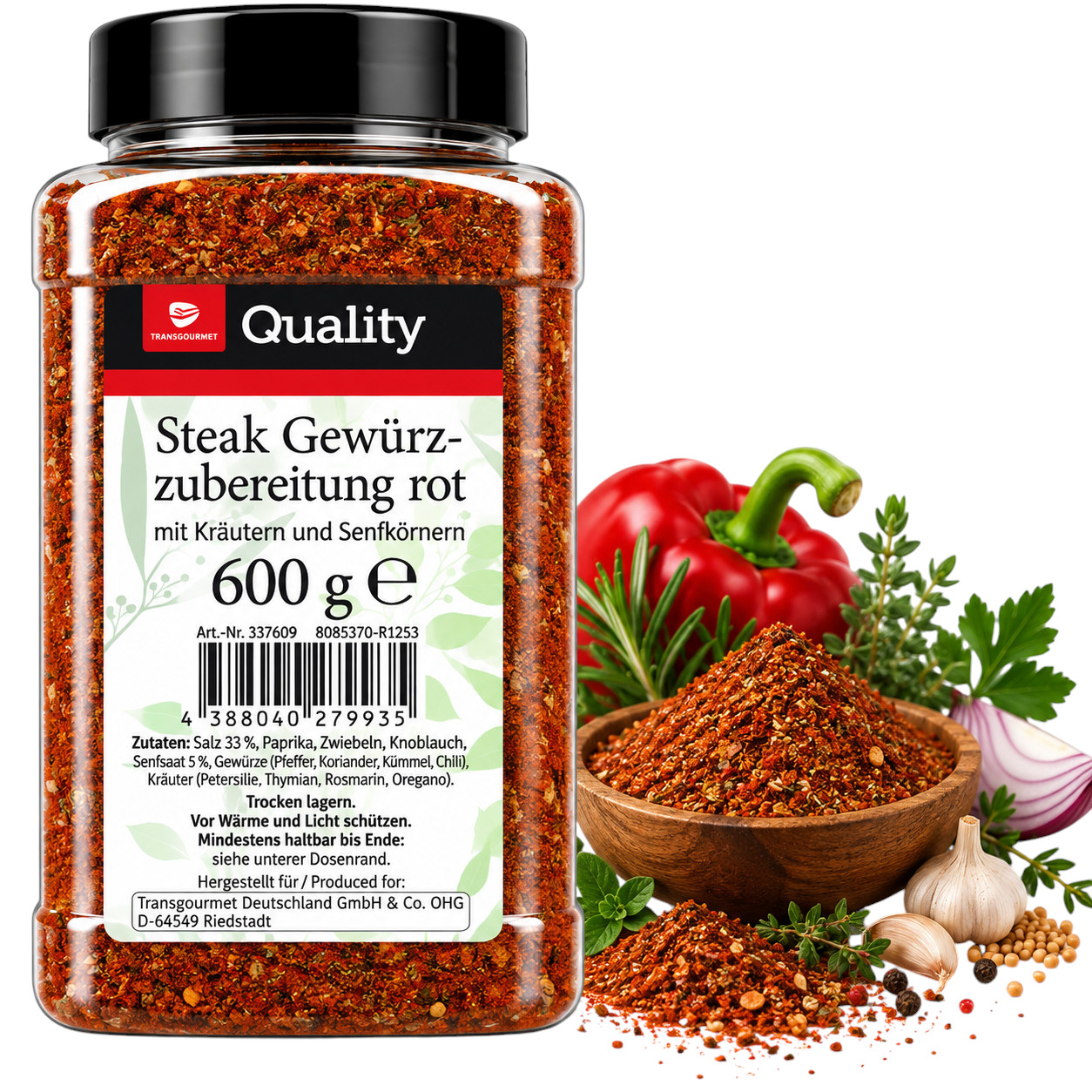 Image of Tgq Steak Spice Preparation Red 600g - Spice Mix For Steak, Grilled Meat, Bbq, Roast & Marinades - Storage Tin For Kitchen, Grill, Snack Bar & Gastronomy