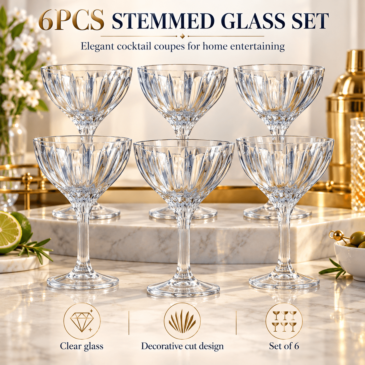 TEMU Stemmed Martini Glasses Set Of 6 – Elegant Cocktail Coupes For Home Bar, Parties & Gifting | Clear Decorative Glassware