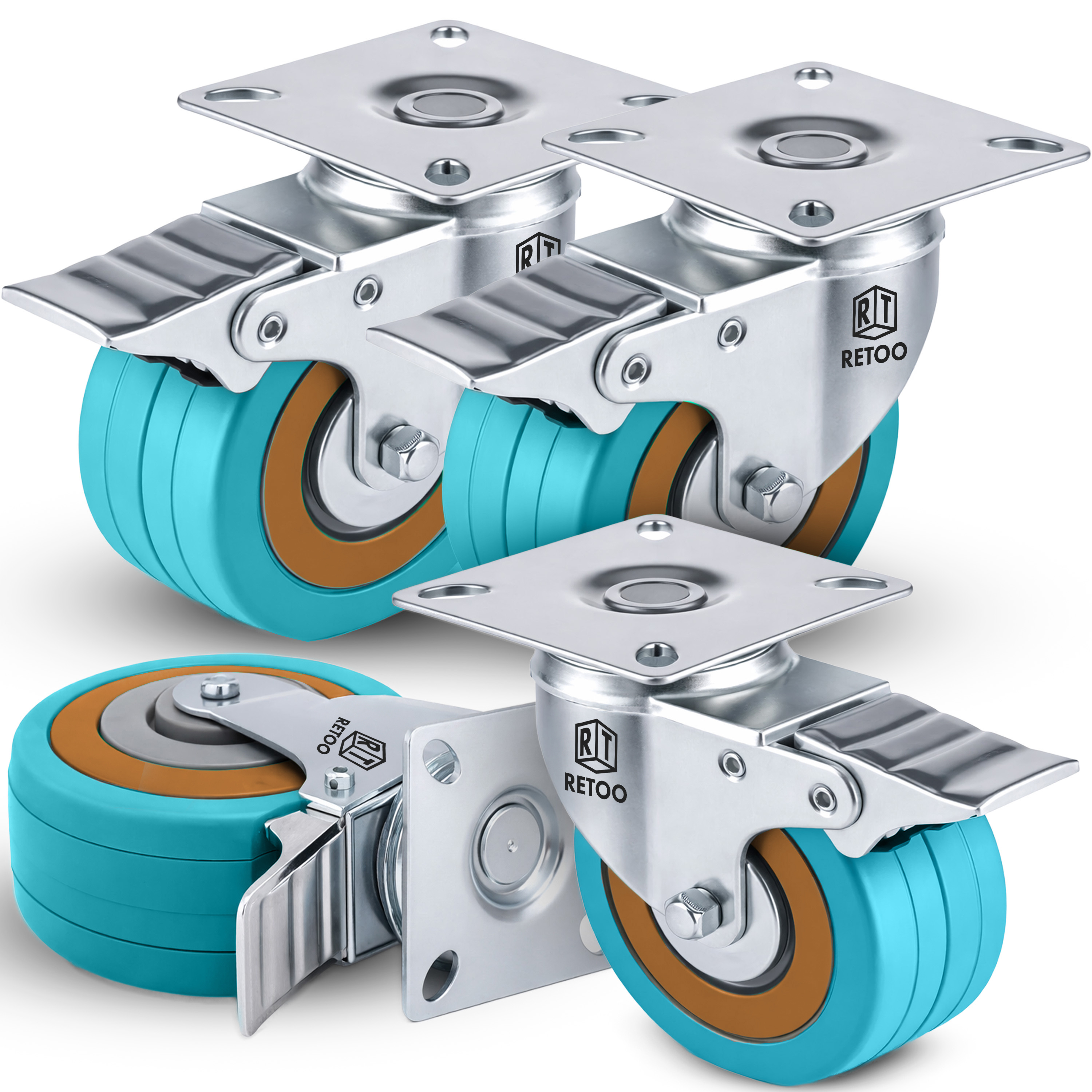 TEMU Set Of 4 Swivel Casters, 75mm Rubber-coated With Brake, 360-degree Rotating Wheels With Bearings, Metal Support For Furniture, Workshop Carts,
