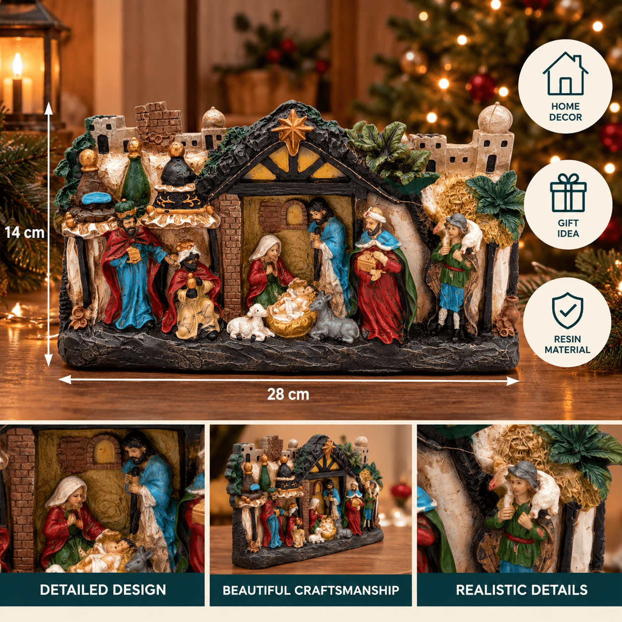 Image of Resin Nativity Scene With Figurines – 28 X Christmas Decoration Featuring Wise Men, Shepherds, And Animals