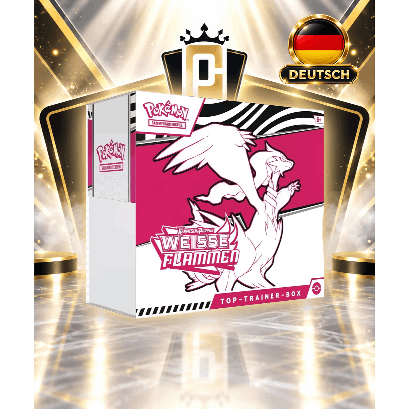 TEMU -Sammelkartenspiel: Top-Trainer-Box Karmesin & – Weiße Flammen: Reshiram (1 Vollbild-Promokarte mit Boreos, 9 Boosterpacks & Zubehör)