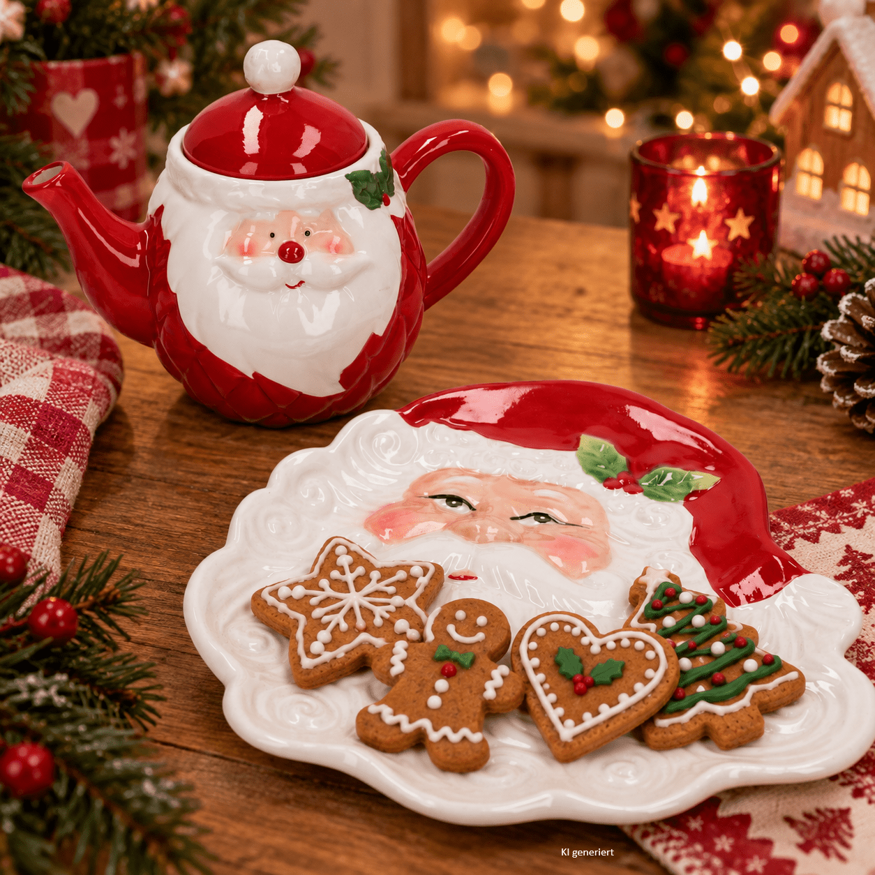 Image of 2pcs Set Can With Lid 740ml & Santa Christmas Cake Plate, Stoneware Set, Santa Claus Decor For Tea, Coffee, Hot Chocolate, , Stollen & Pastries