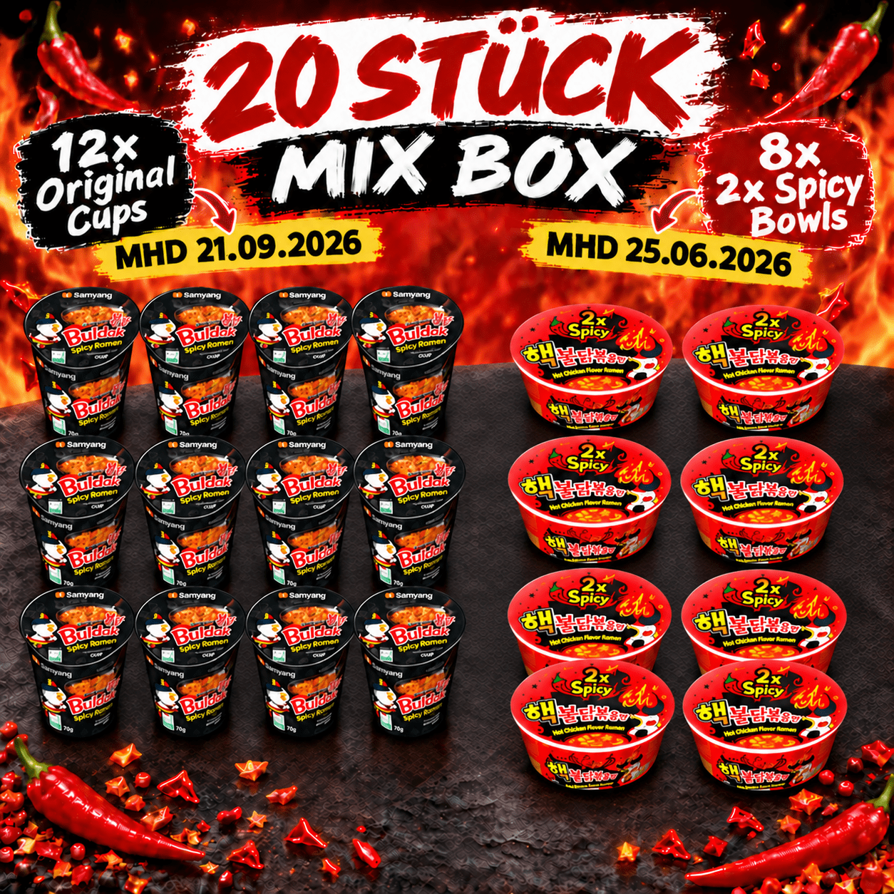 Image of Samyang Buldak Ramen Mix Box 20-pack – 12x Original Cups & 8x 2x Spicy Bowls Mhd Promotion