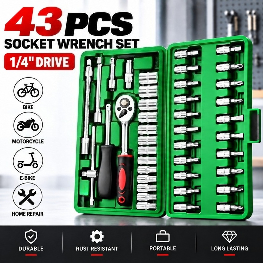 TEMU 43pcs-socket Wrench Set 1/4 Inch Transmission, Metric, With Extension Rod, For Car Maintenance And Home Use - Steel Plated Structure, Durable