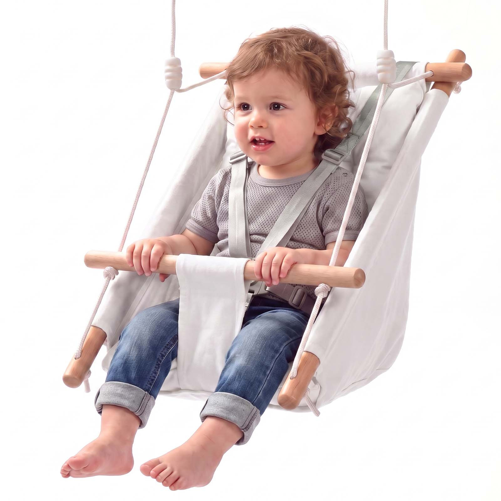 Image of Baby Swing 66 Lbs Weight Capacity 3 Canvas Hammock , For Indoor And Outdoor, 5-point Harness And Tree Straps, Wooden Hanging Seat With Integrated Cushion For Baby To Toddler