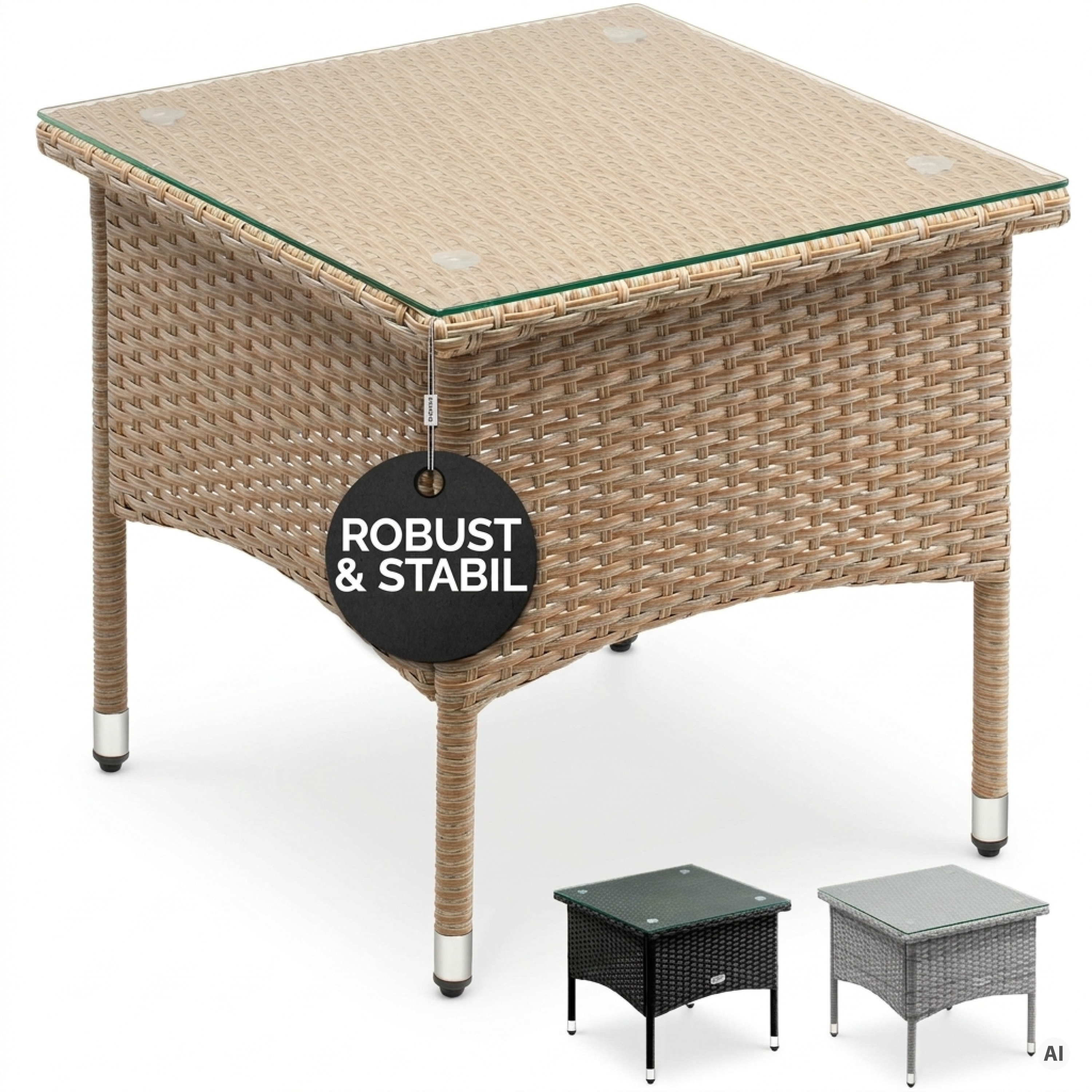 Image of Polyrattan Side Table 50x50x45cm Height-adjustable 5mm Safety Glass Weather-resistant 80kg Loadable Garden Table Balcony Table Tea Table Outdoor Cream