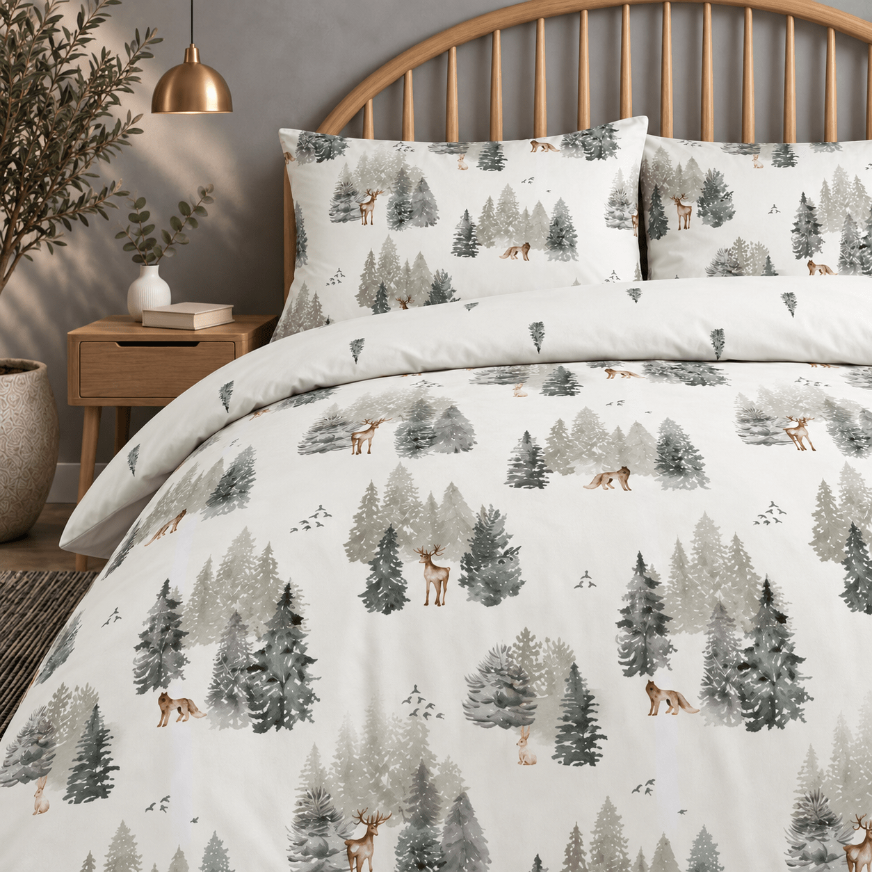 TEMU Alpine Forest Green Reversible Duvet Cover Set, 100% Cotton Bedding Set With Pillowcases, In Single, Double, King & Super King Size