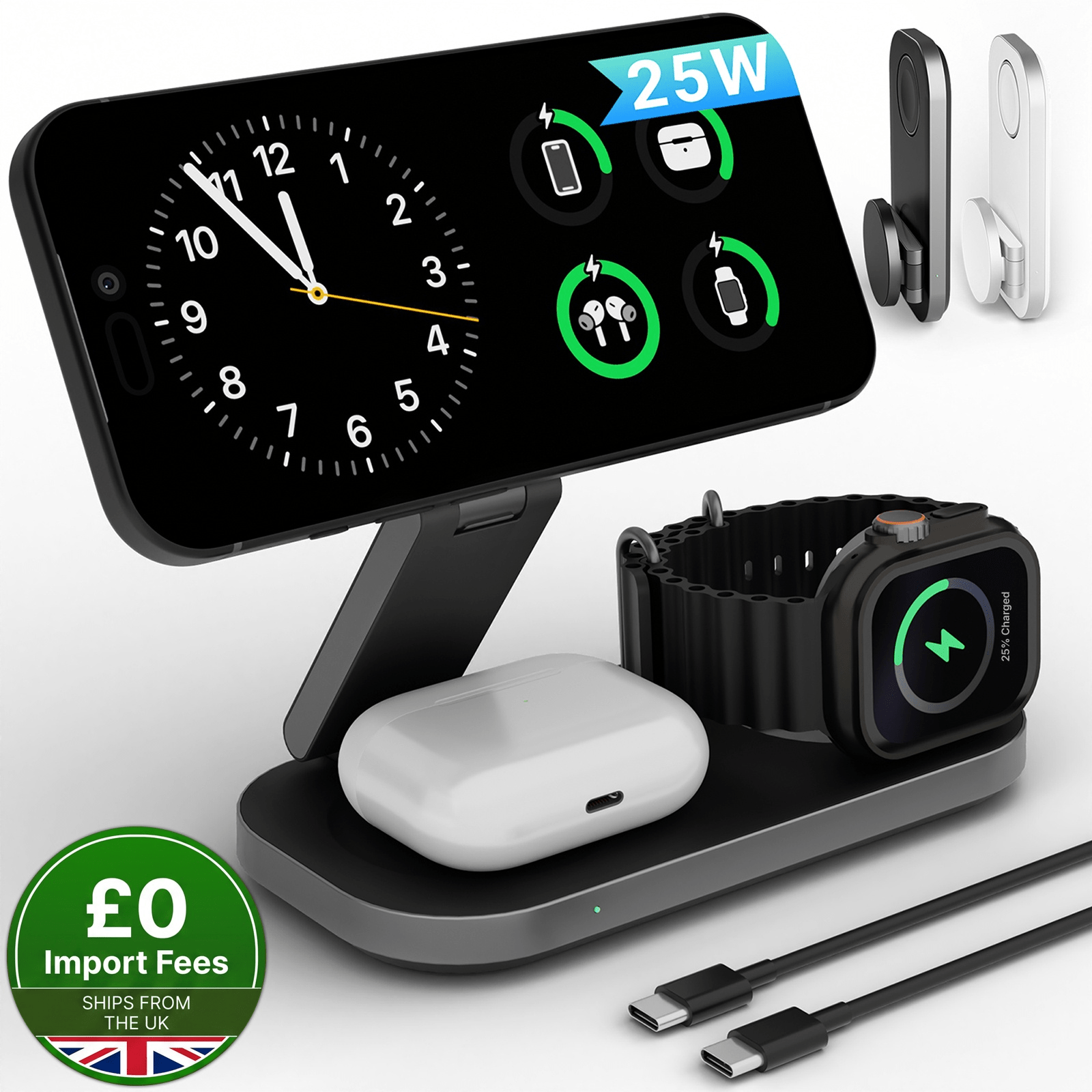 TEMU 25w 3-in-1 Magnetic Travel Charging Station | Gan Fast Charge & Qi2 Compatible | Aerospace Foldable For Magsafe Charger For Iphone 18/17/16 Pro